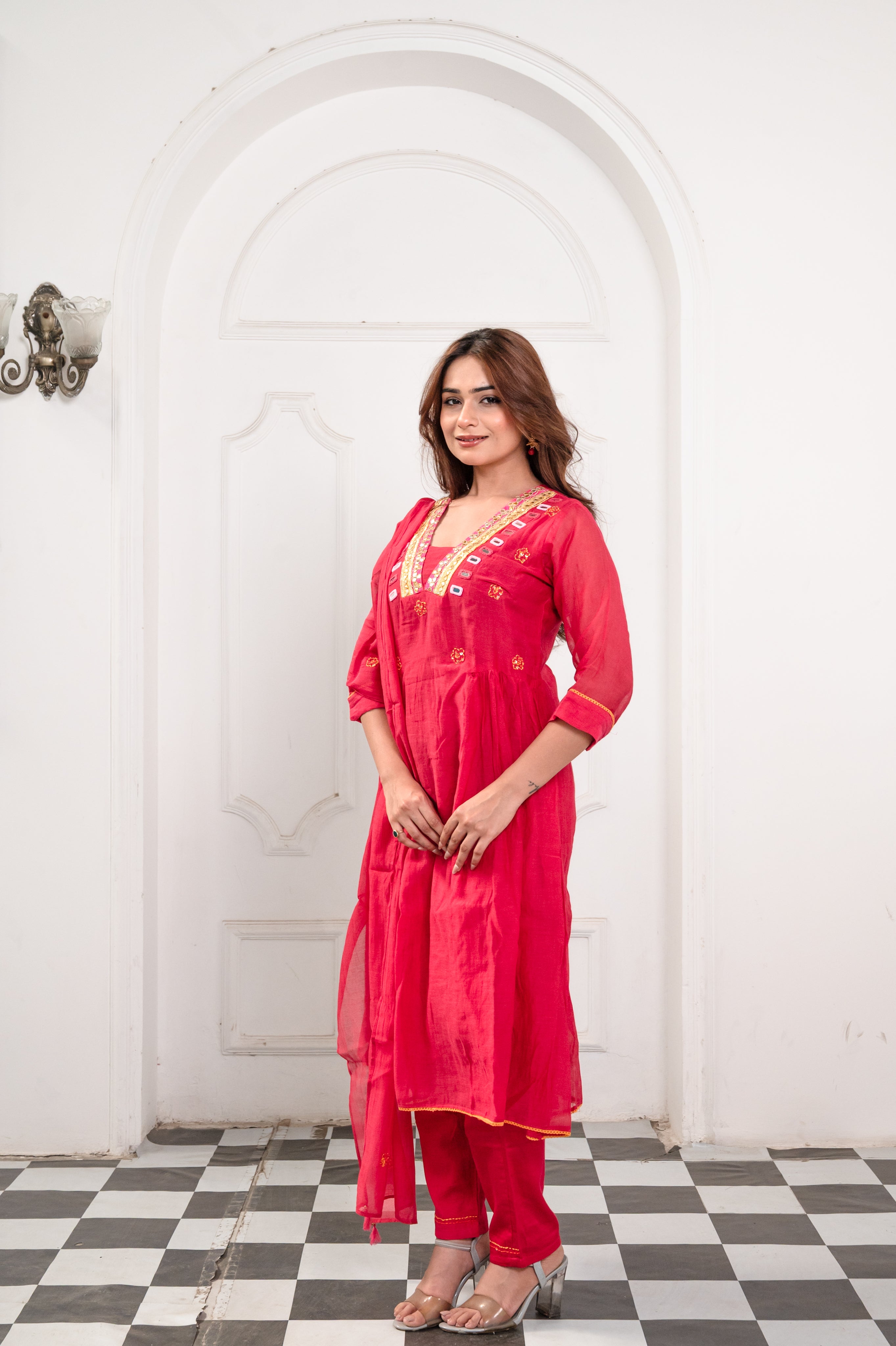 Bright Pink Mirror Work Suit Set