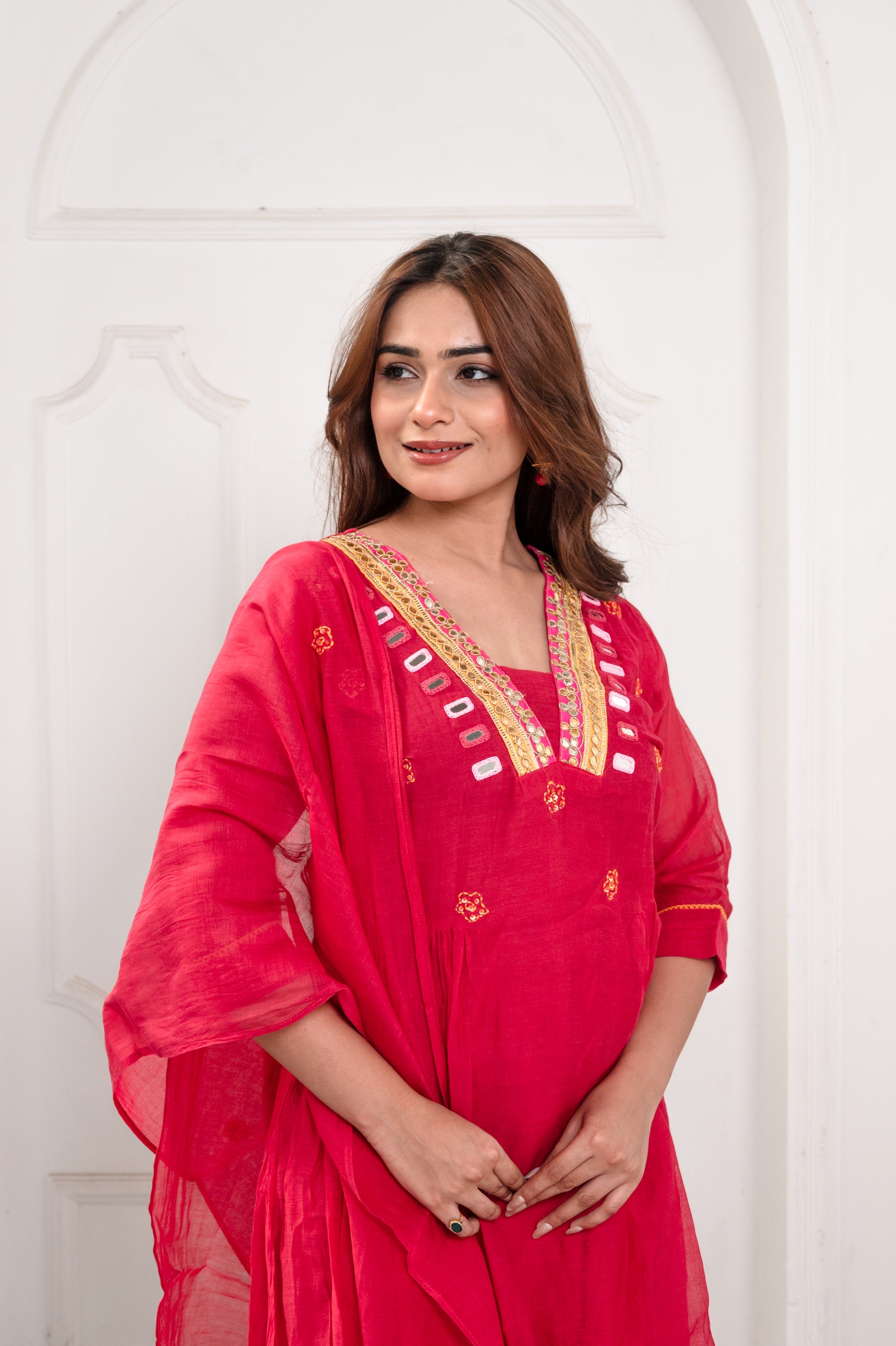 Bright Pink Mirror Work Suit Set