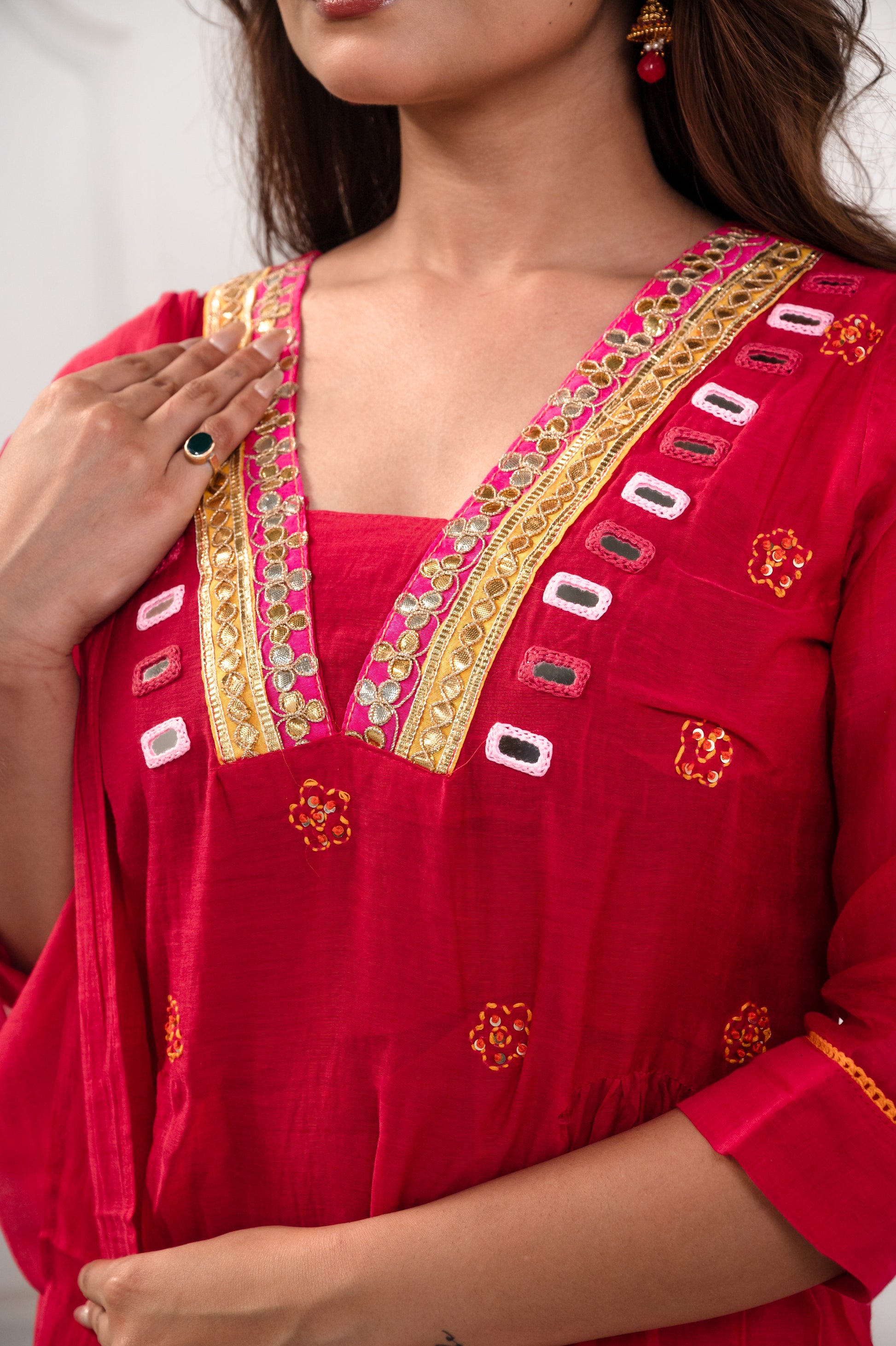Bright Pink Mirror Work Suit Set