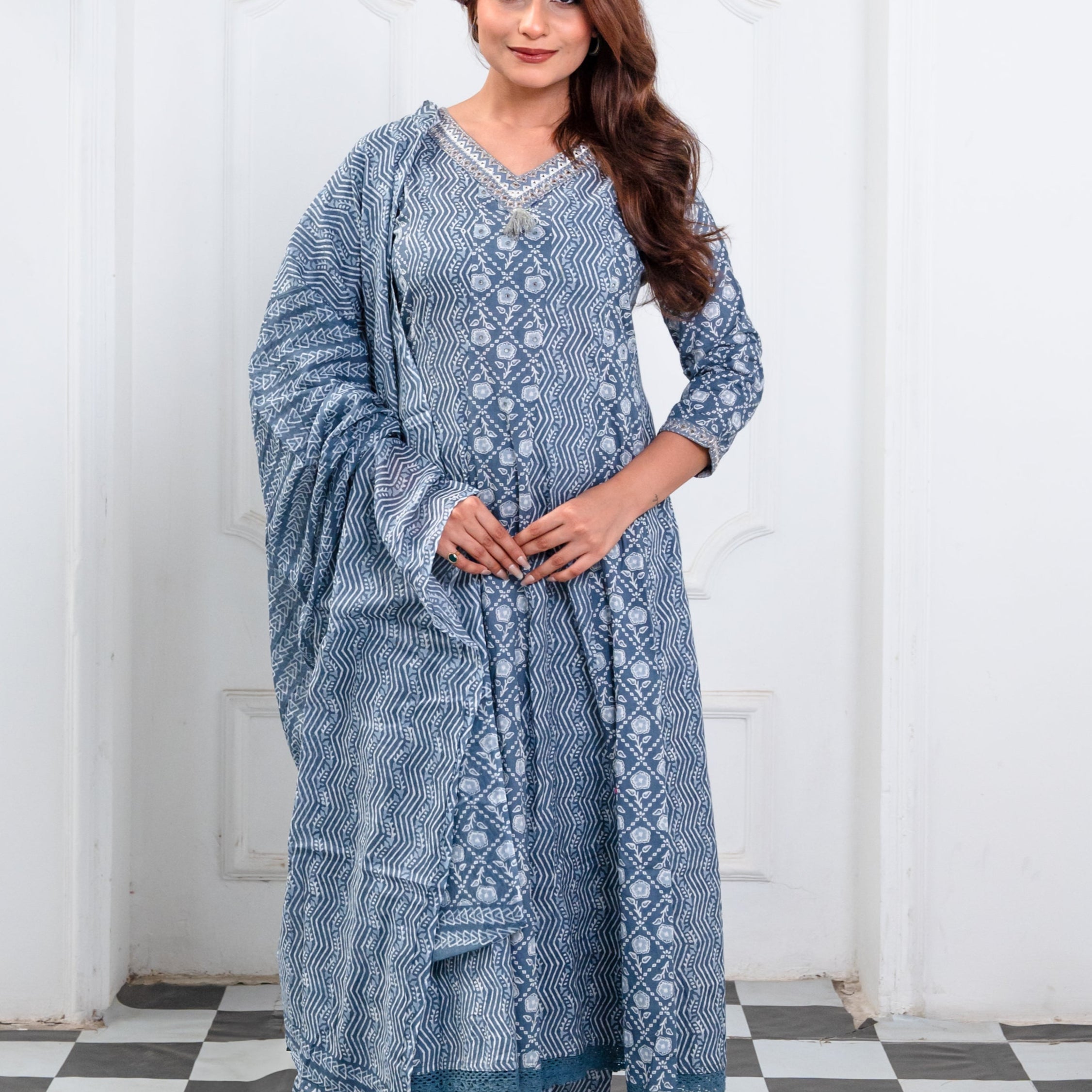 Dusty Indigo Blue Cotton Anarkali Suit Set with Tribal-Inspired Block Print