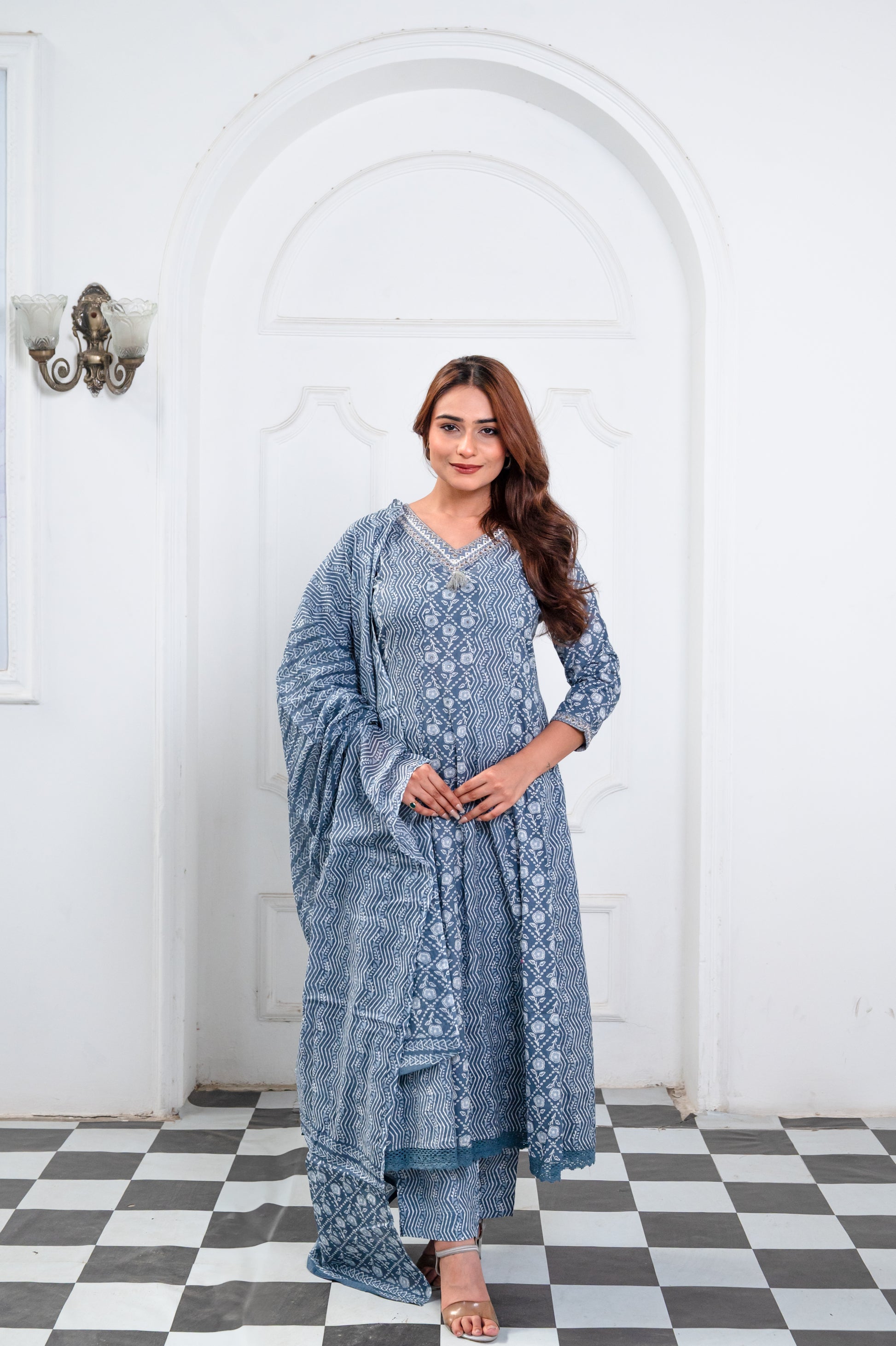 Blue And White Cotton Anarkali Suit Set