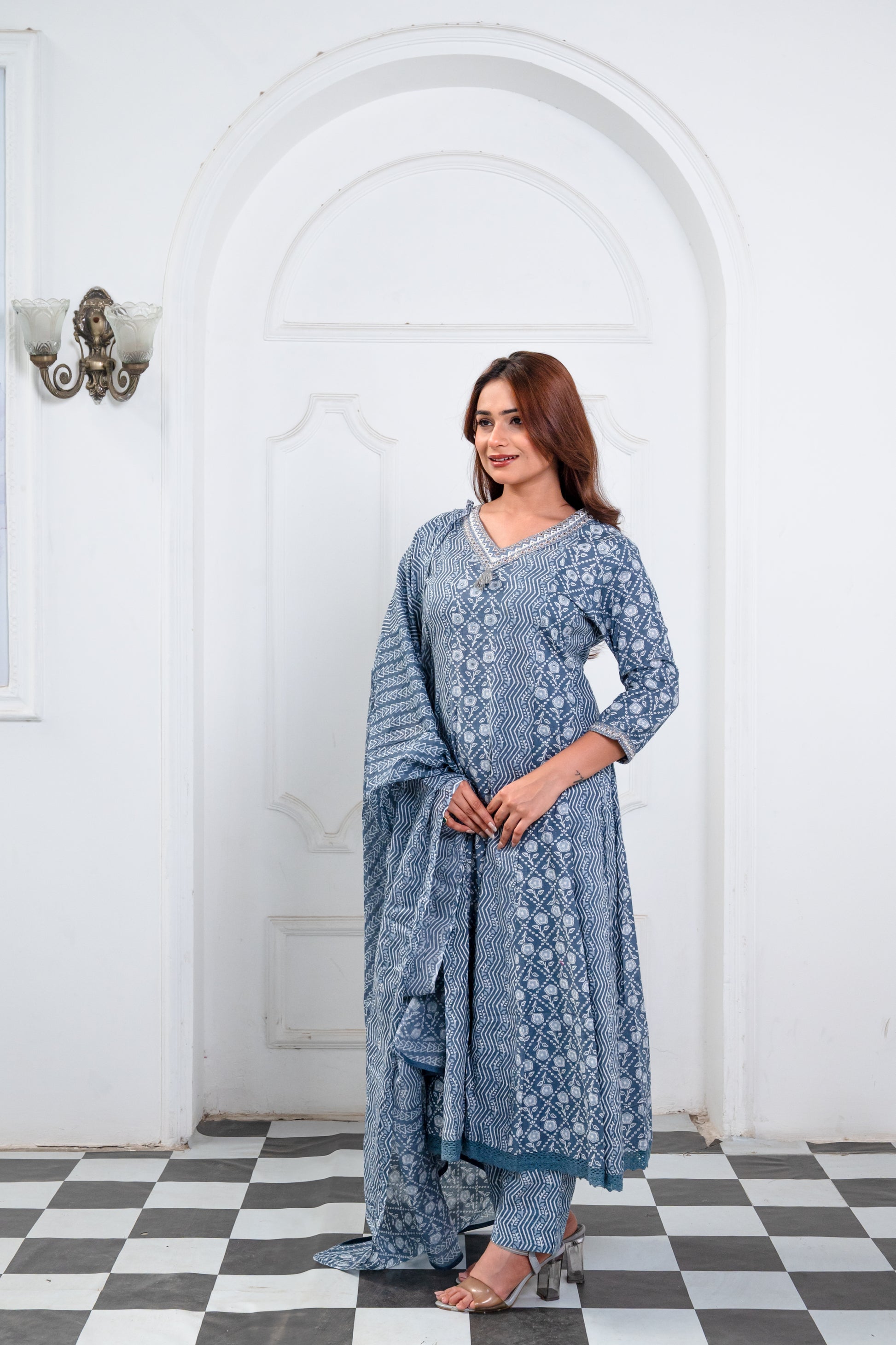 Blue And White Cotton Anarkali Suit Set