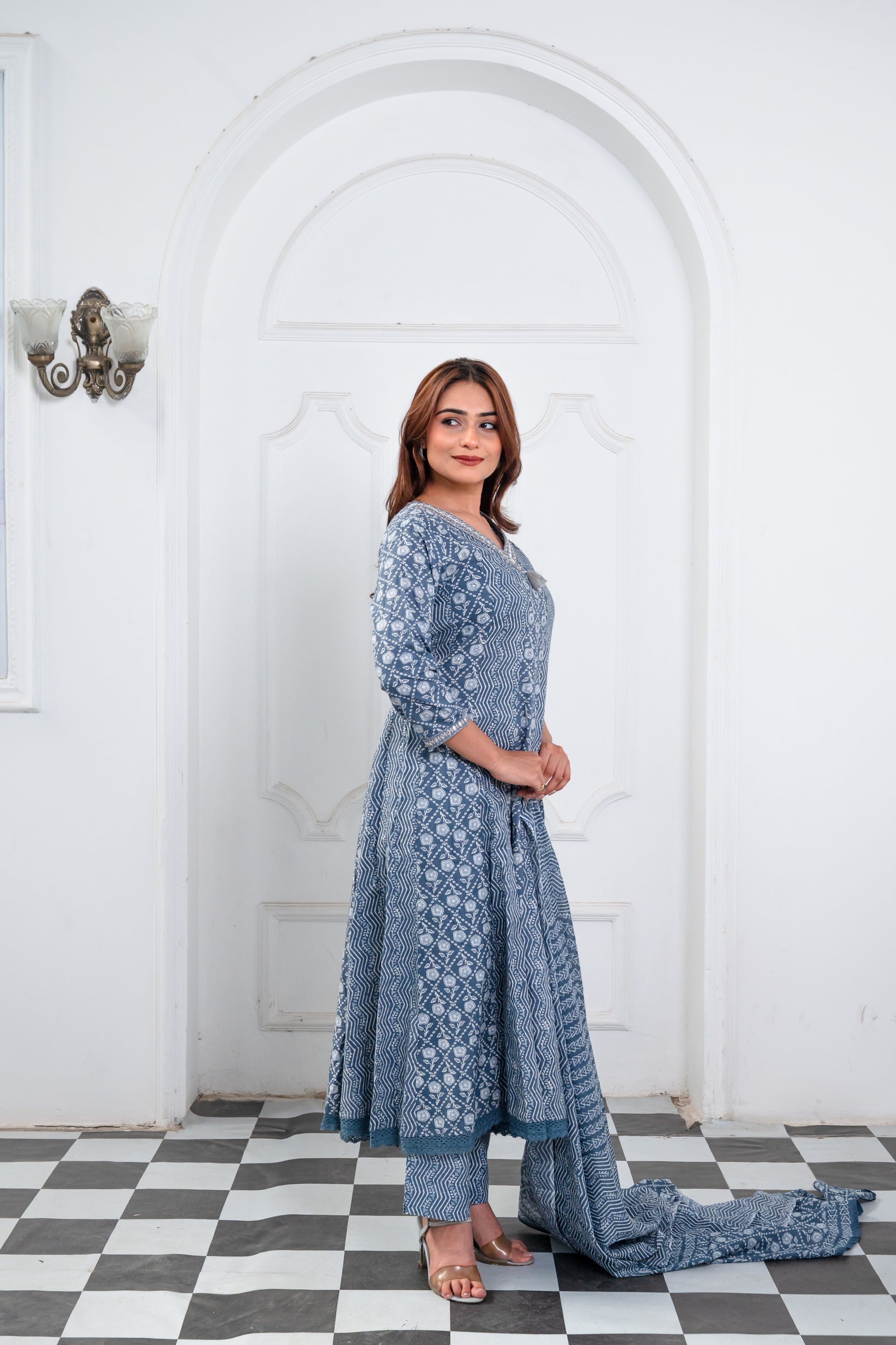 Blue And White Cotton Anarkali Suit Set