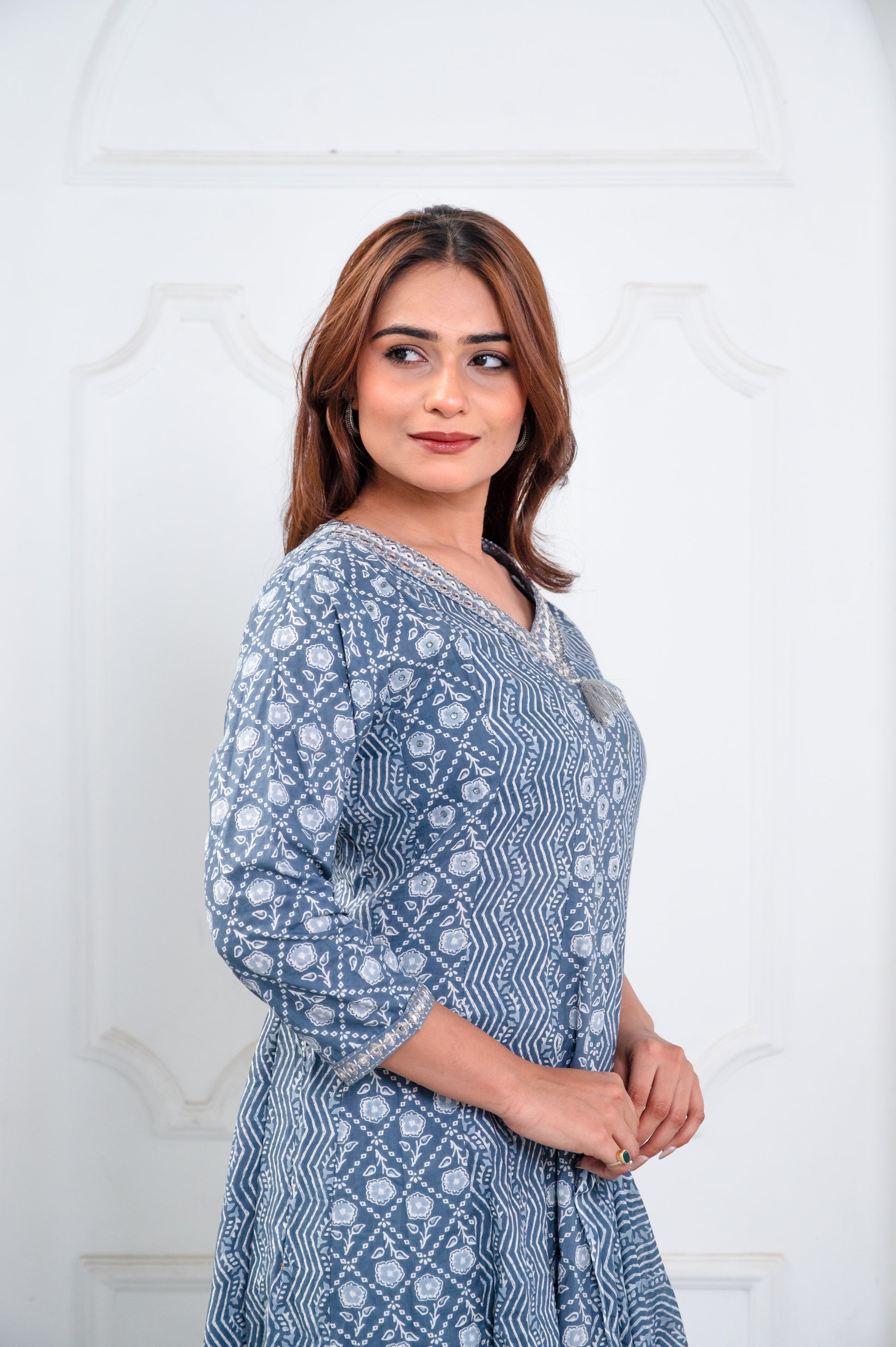 Blue And White Cotton Anarkali Suit Set