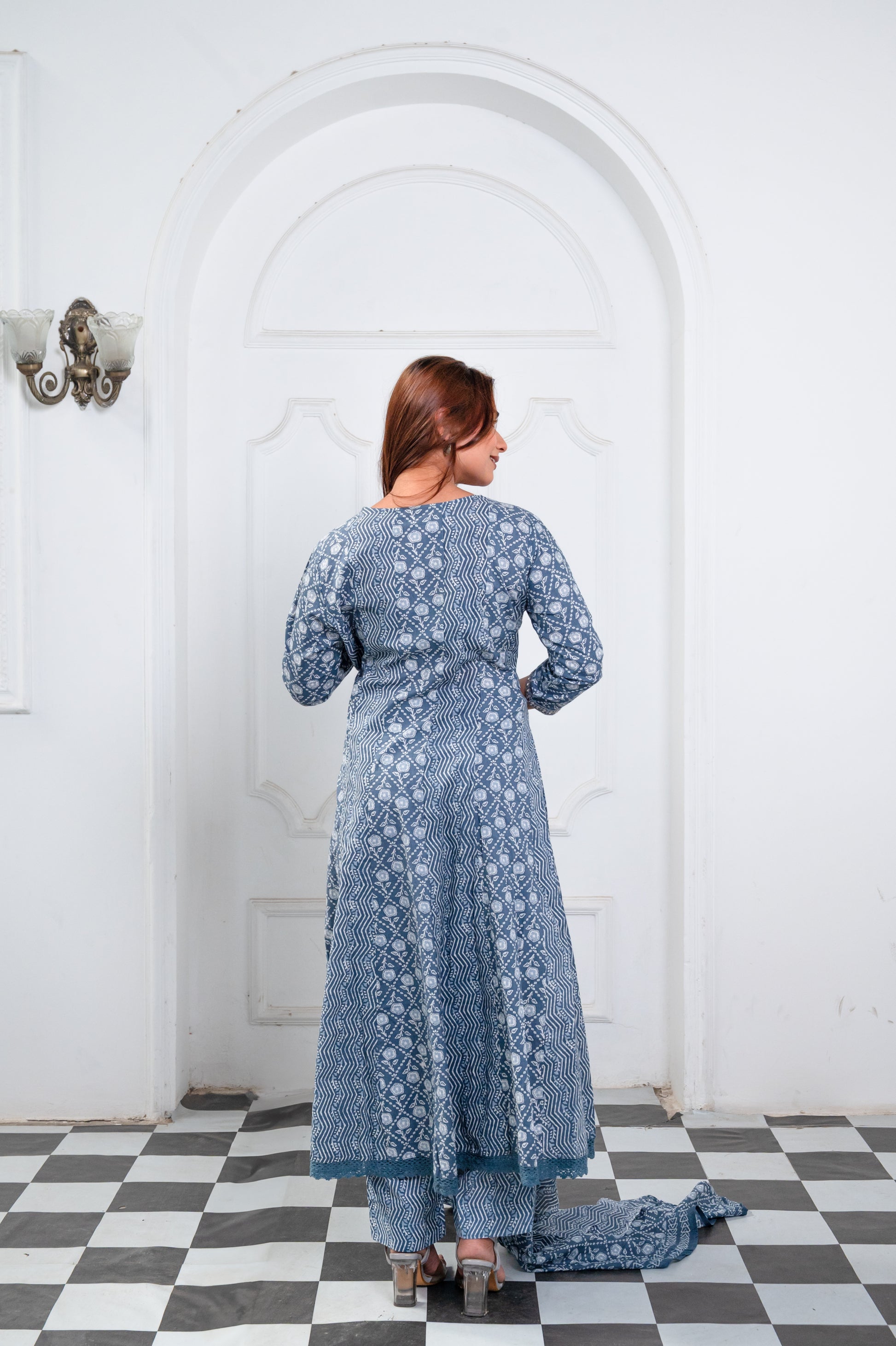 Blue And White Cotton Anarkali Suit Set
