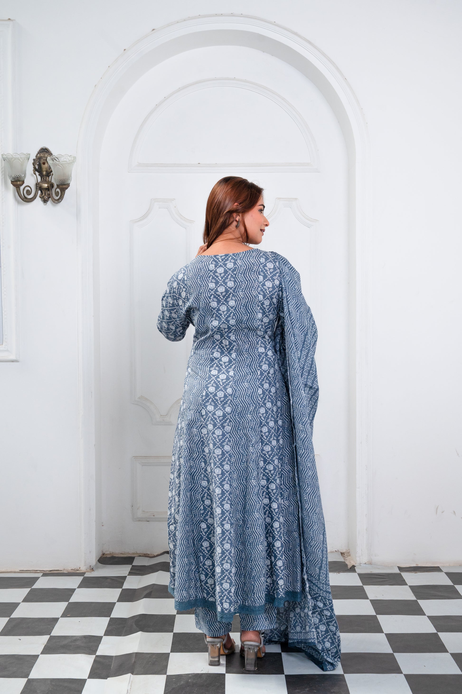 Blue And White Cotton Anarkali Suit Set