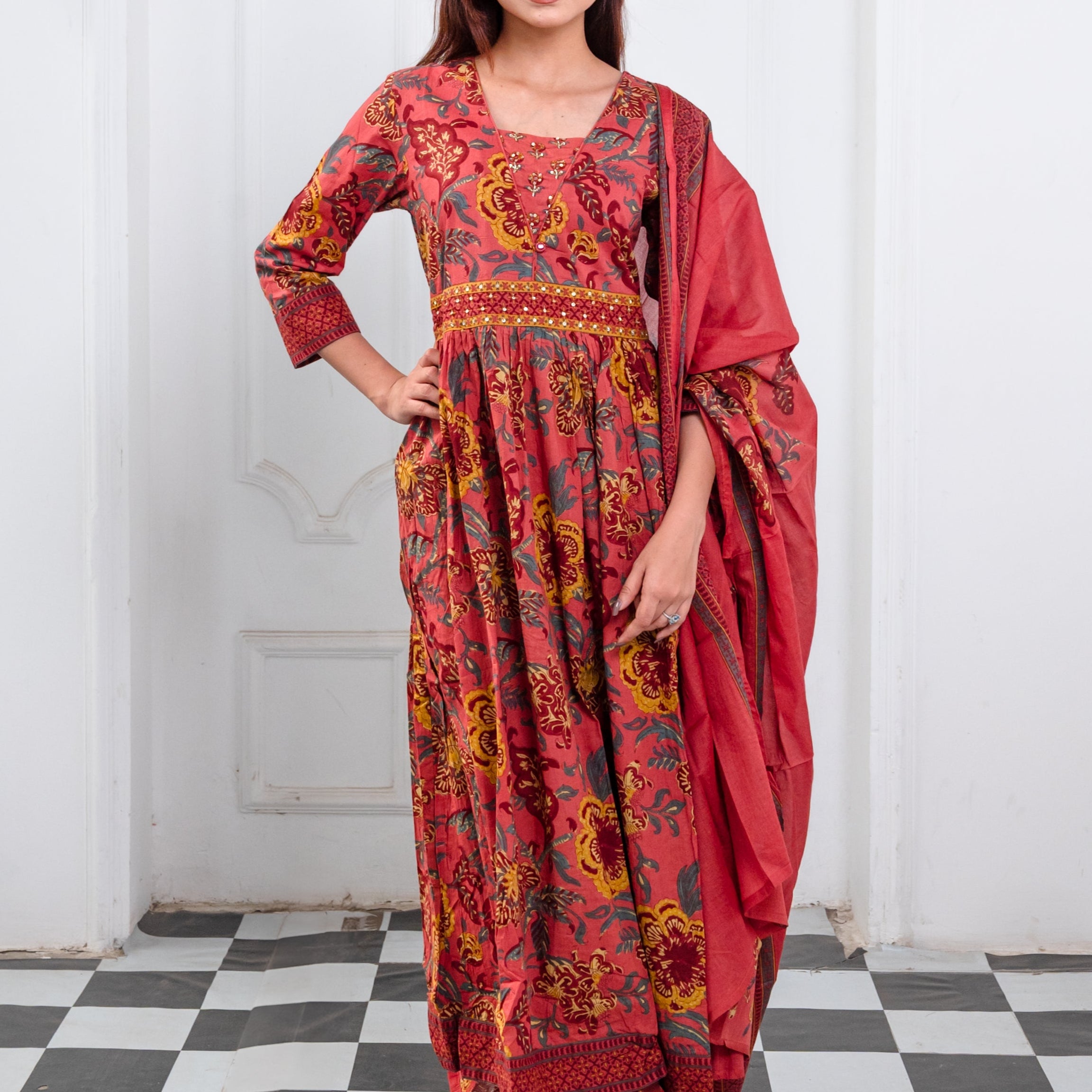 Claystone Red Handblock Anarkali Cotton Suit Set with Printed Dupatta
