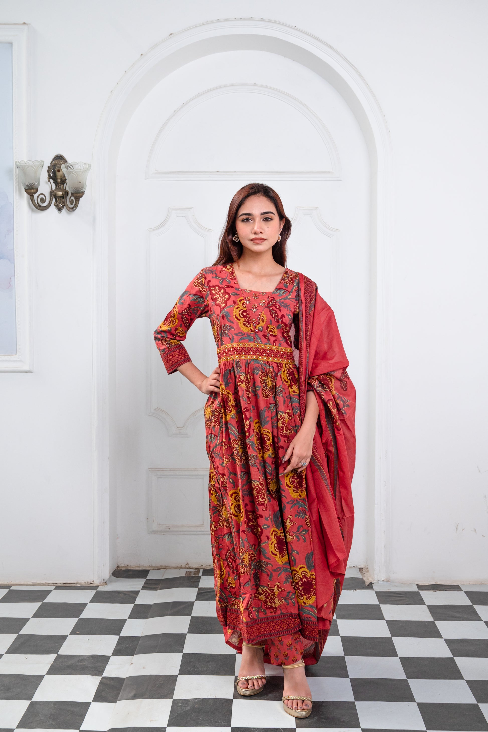 Rustic Orange Cotton Blockprint Anarkali Suit Set