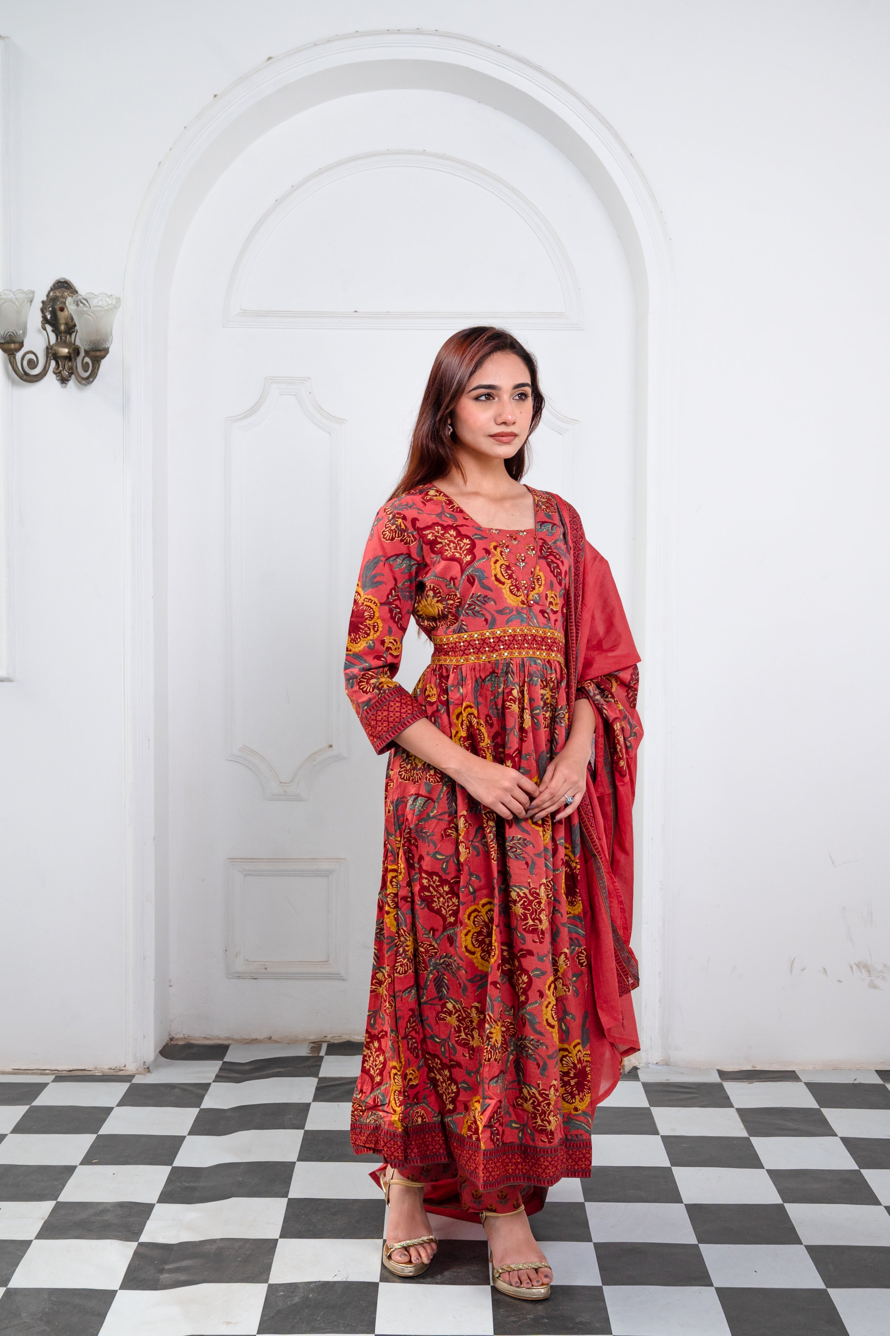 Rustic Orange Cotton Blockprint Anarkali Suit Set