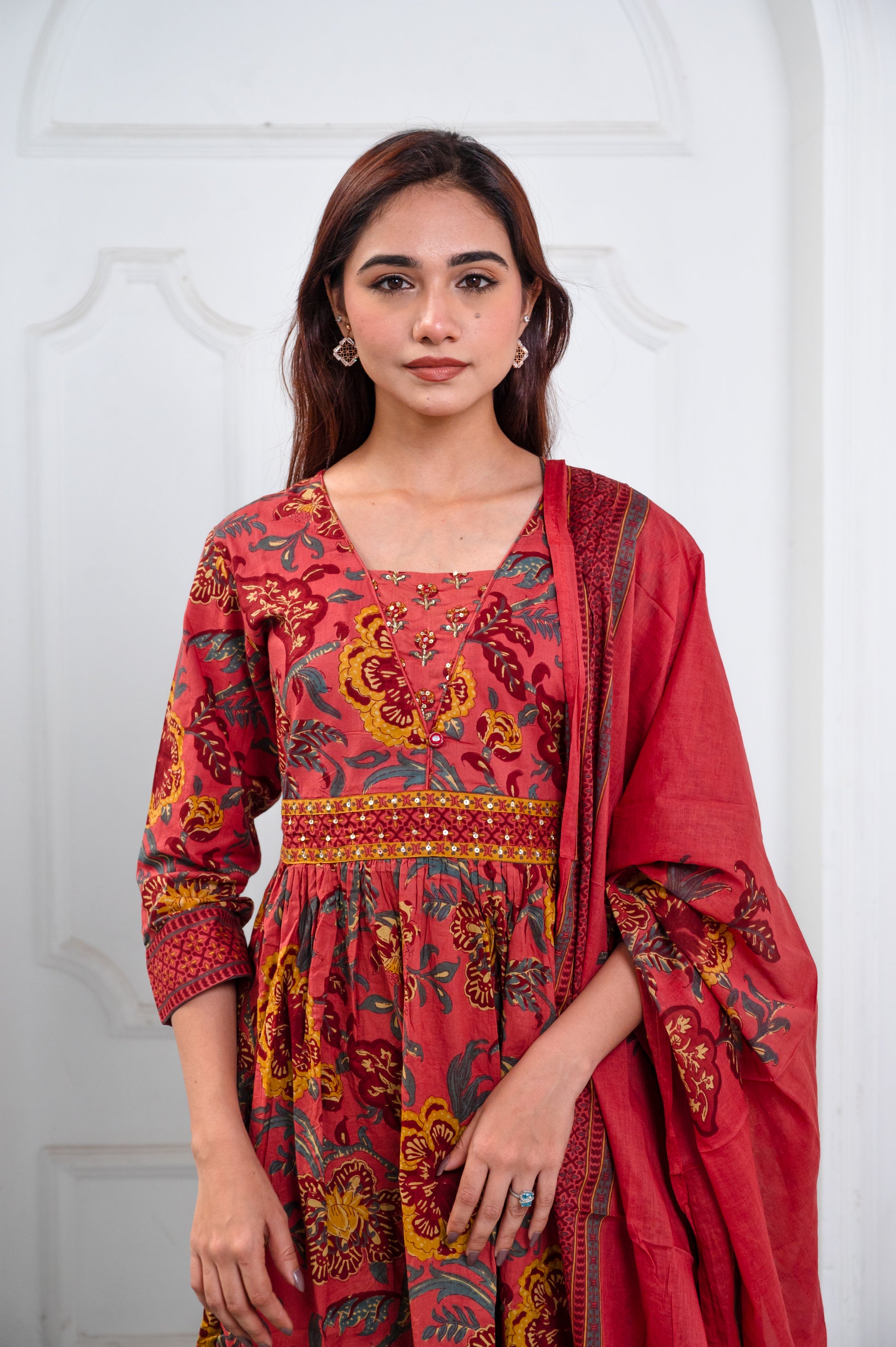 Rustic Orange Cotton Blockprint Anarkali Suit Set
