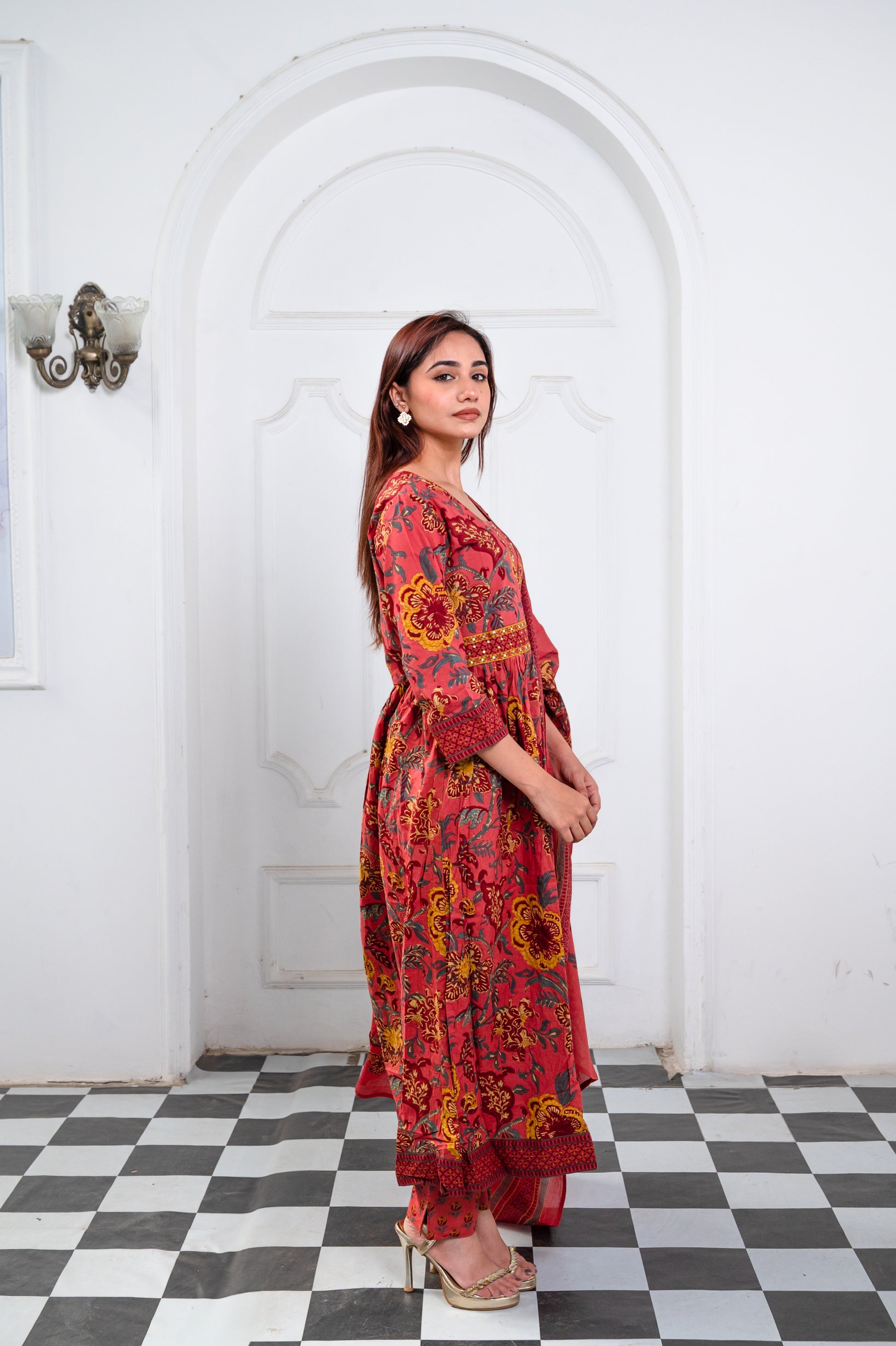 Rustic Orange Cotton Blockprint Anarkali Suit Set