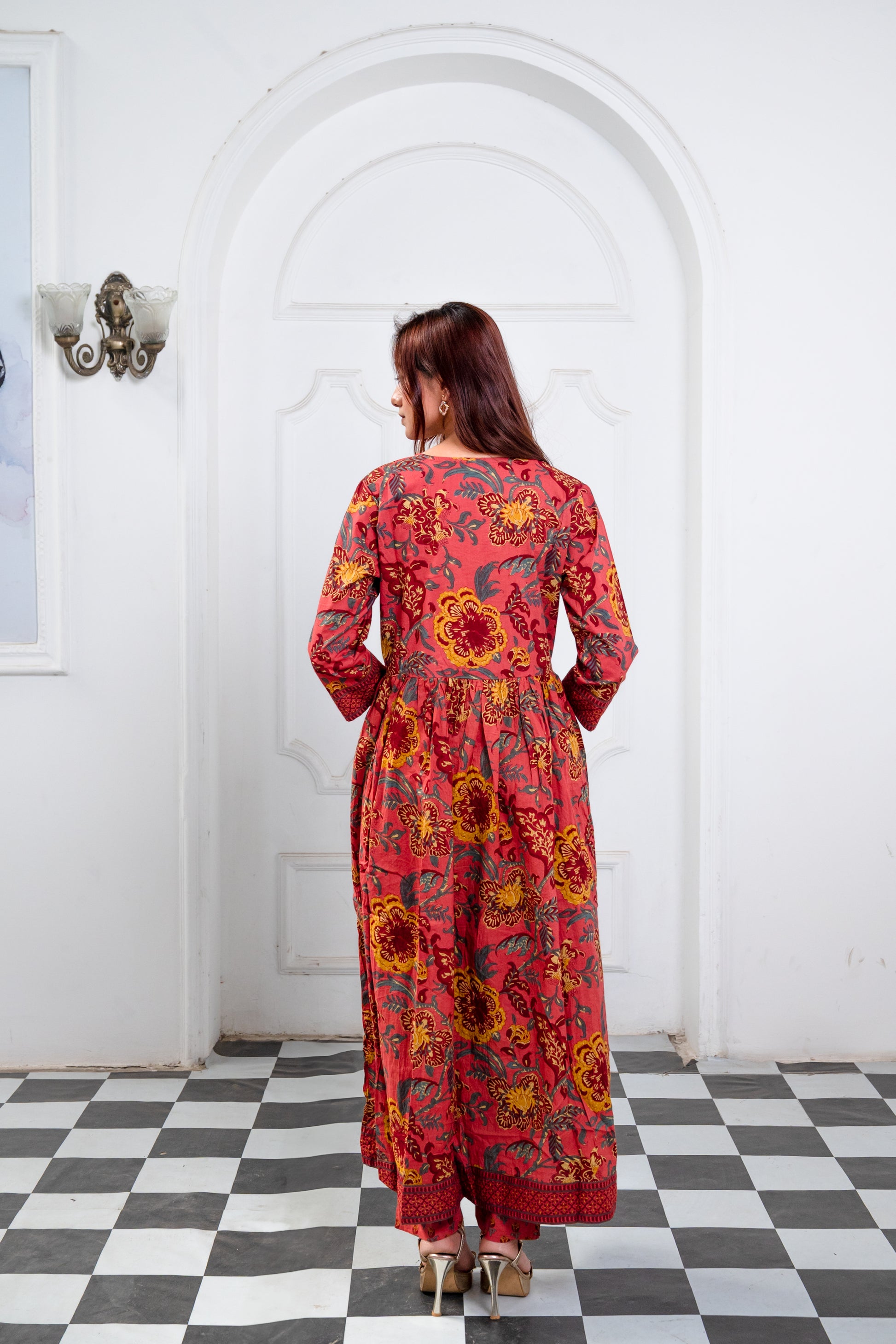 Rustic Orange Cotton Blockprint Anarkali Suit Set