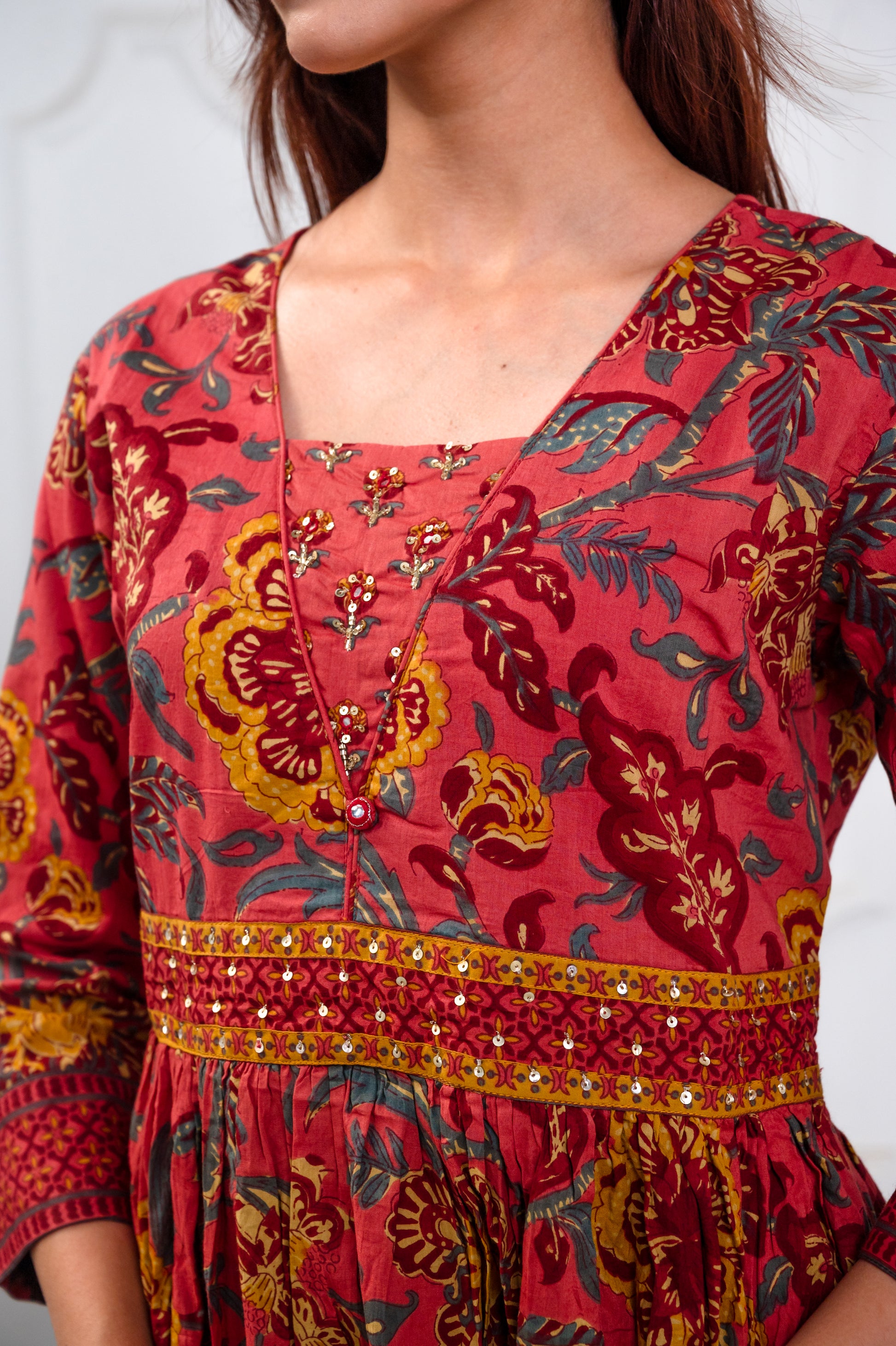 Rustic Orange Cotton Blockprint Anarkali Suit Set