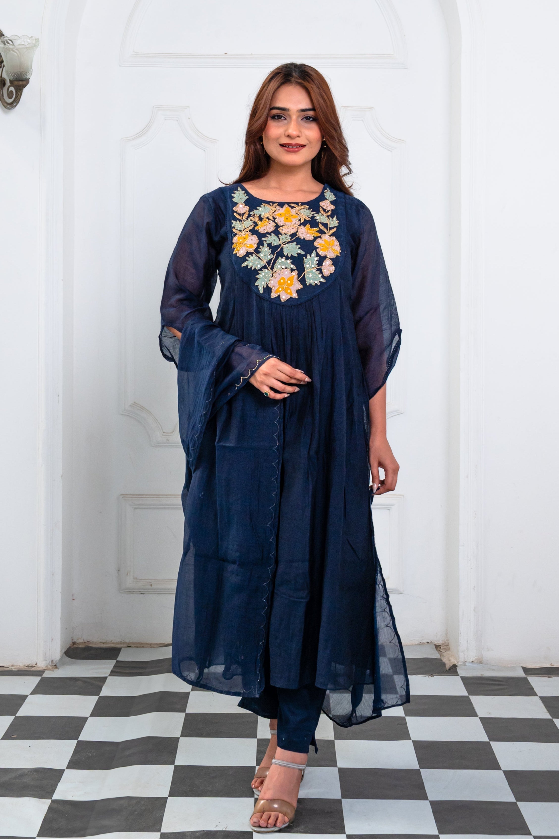 Dark Blue Embroidered Suit Set