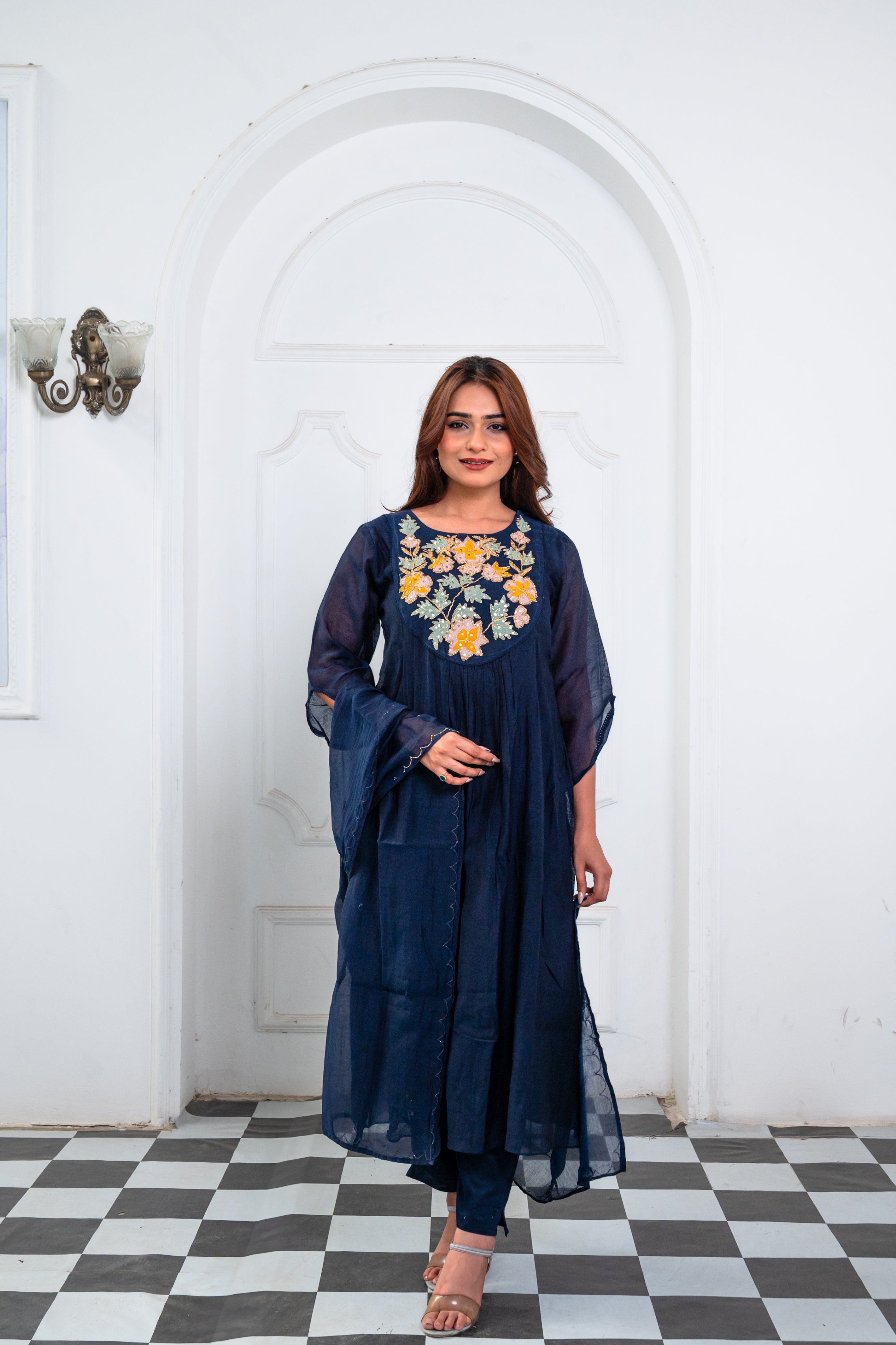 Dark Blue Embroidered Suit Set