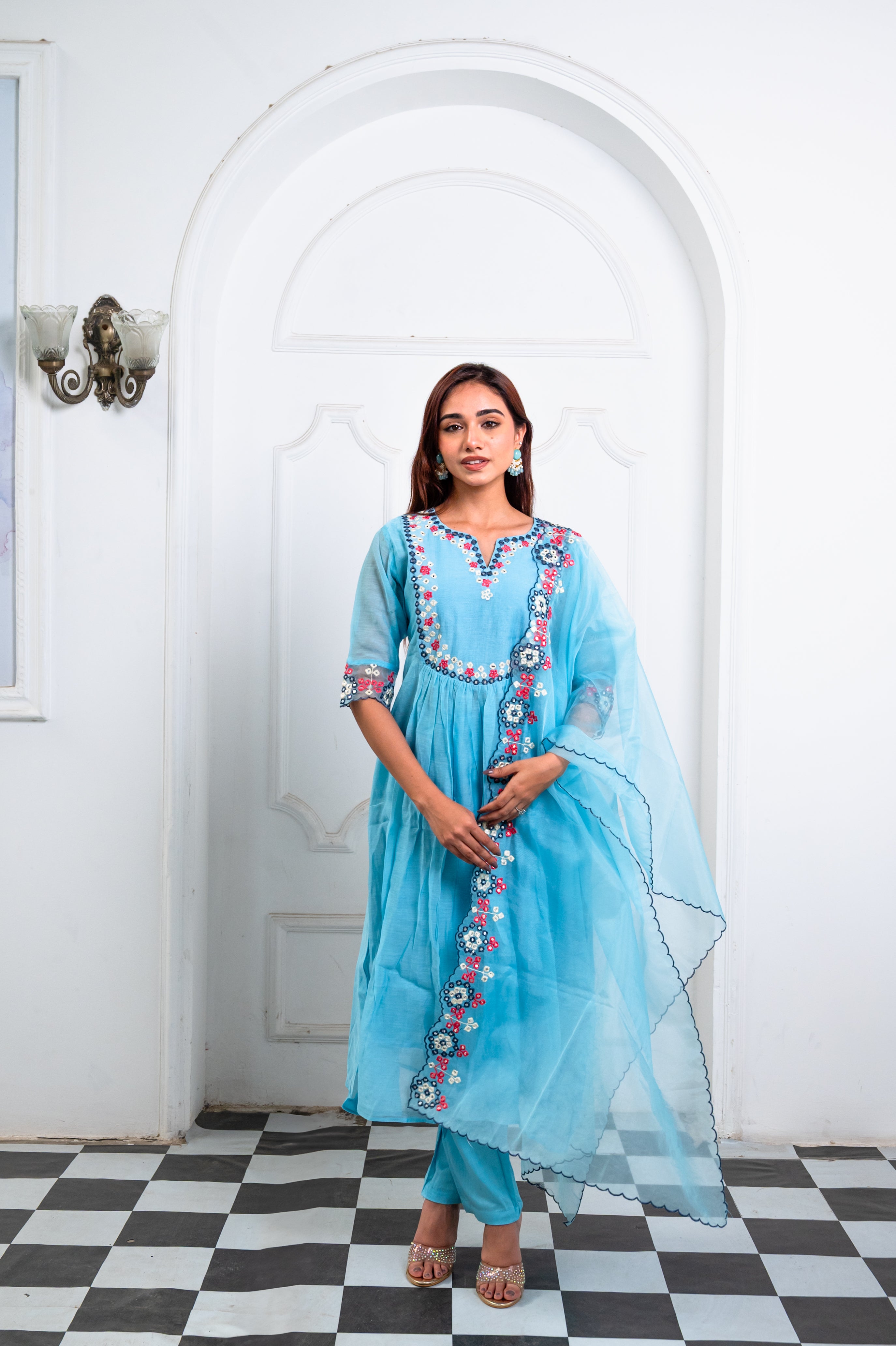Sky Blue Organza Embroidered Suit Set
