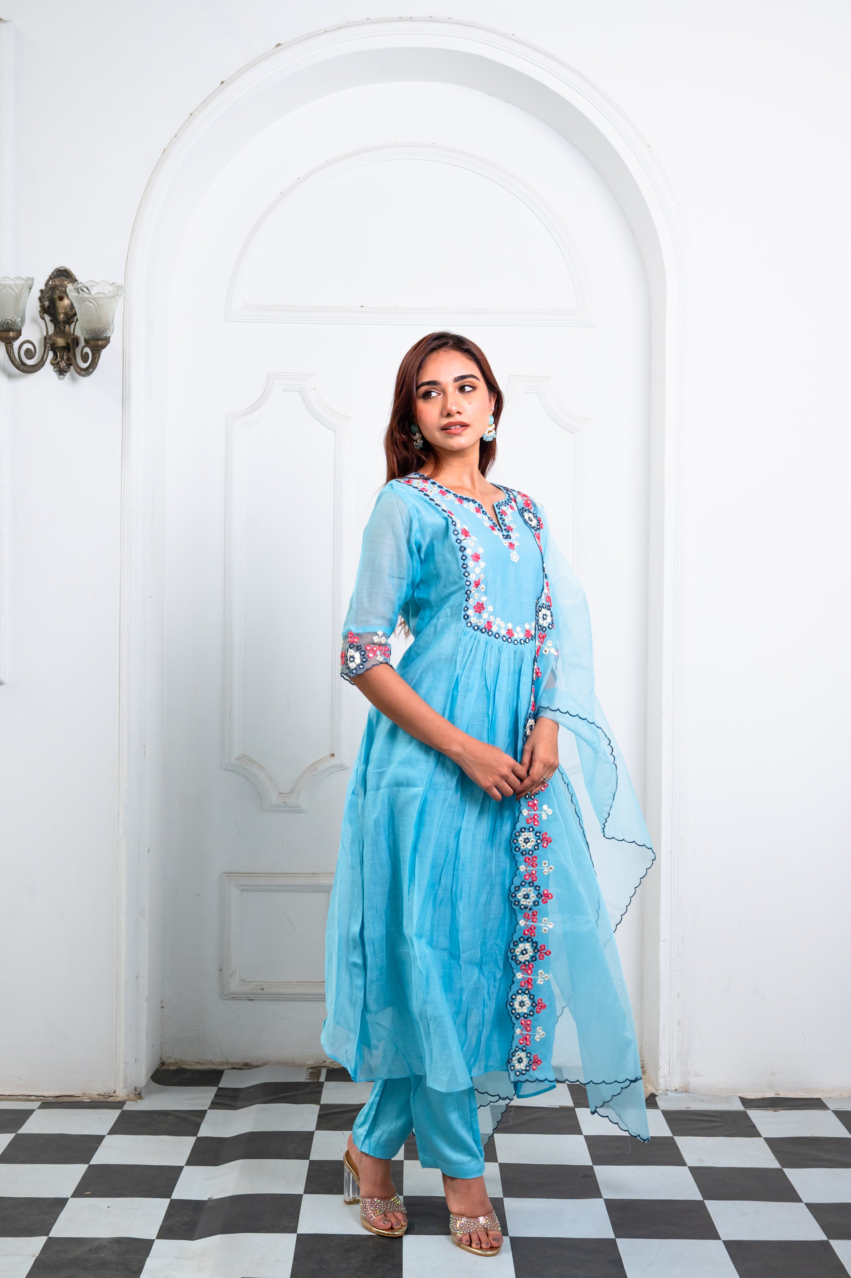 Sky Blue Organza Embroidered Suit Set