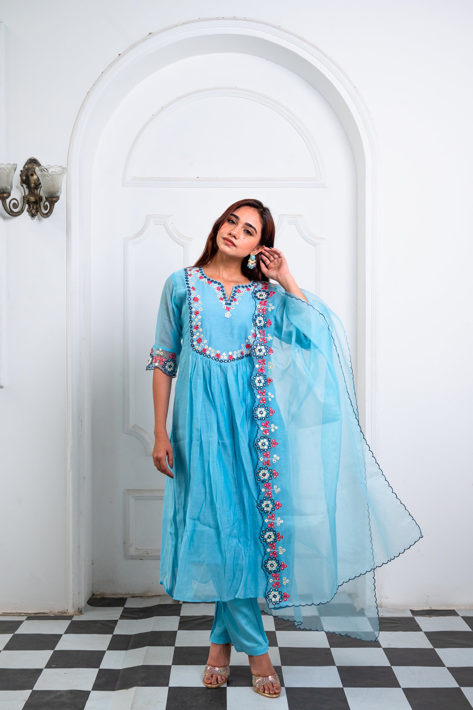 Sky Blue Organza Embroidered Suit Set