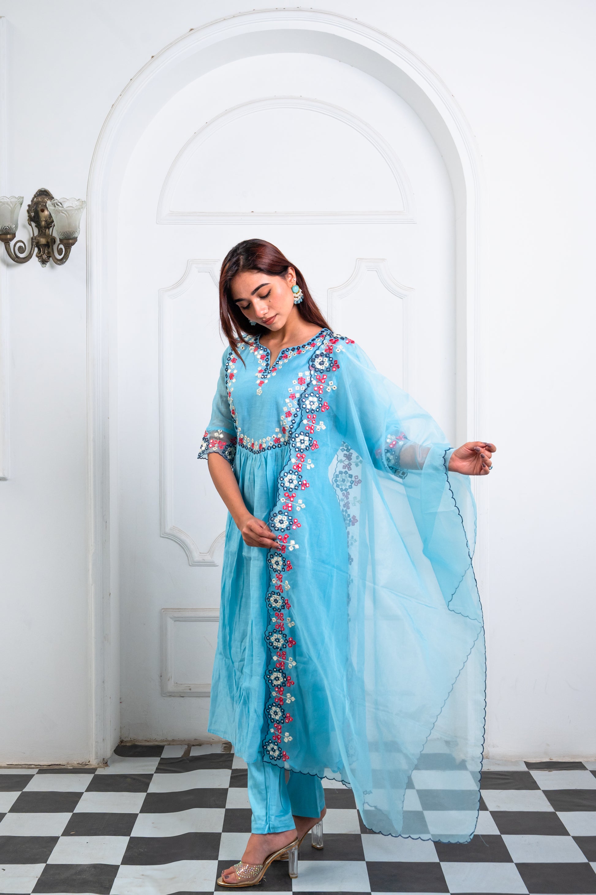 Sky Blue Organza Embroidered Suit Set