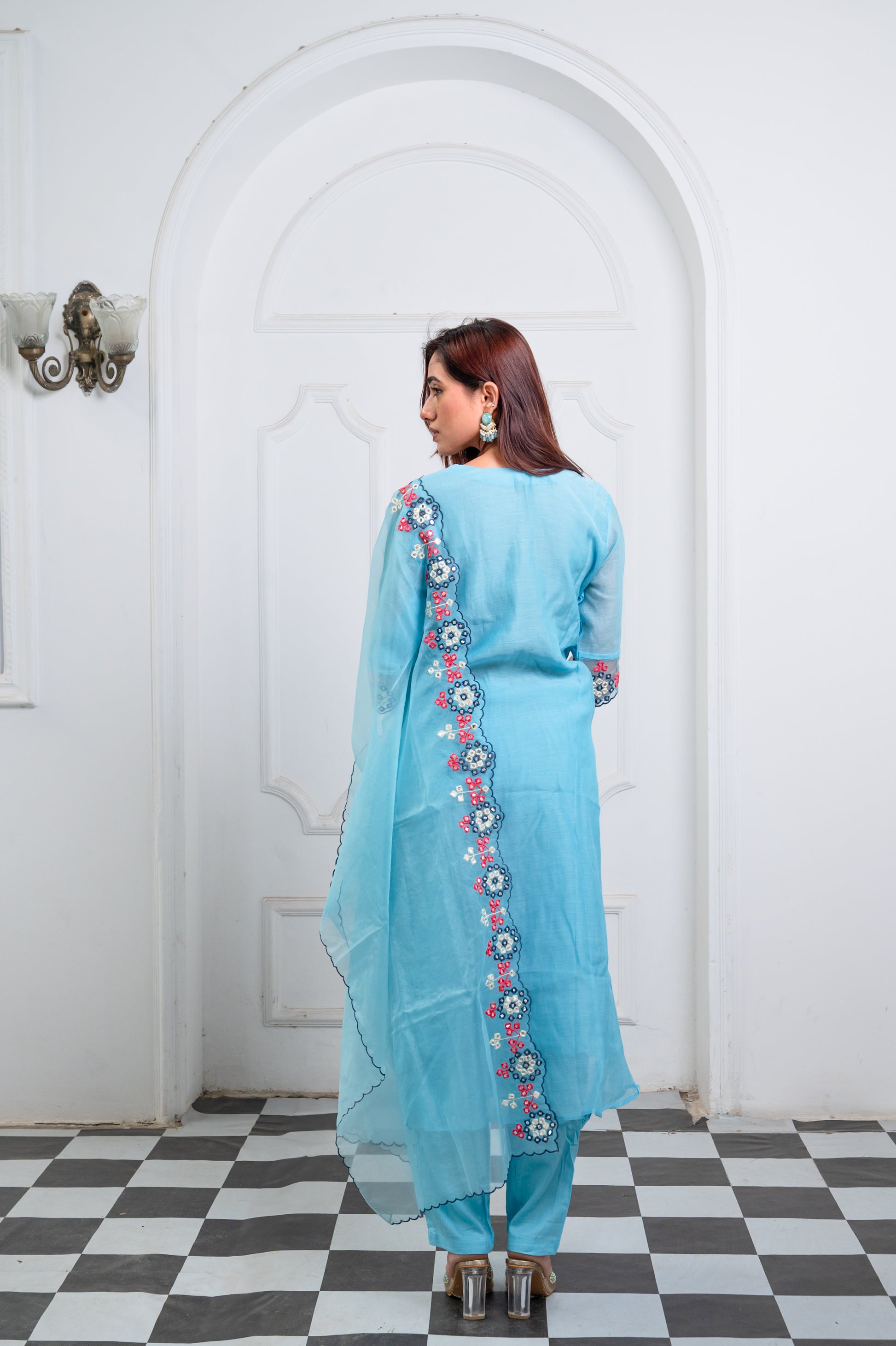 Sky Blue Organza Embroidered Suit Set
