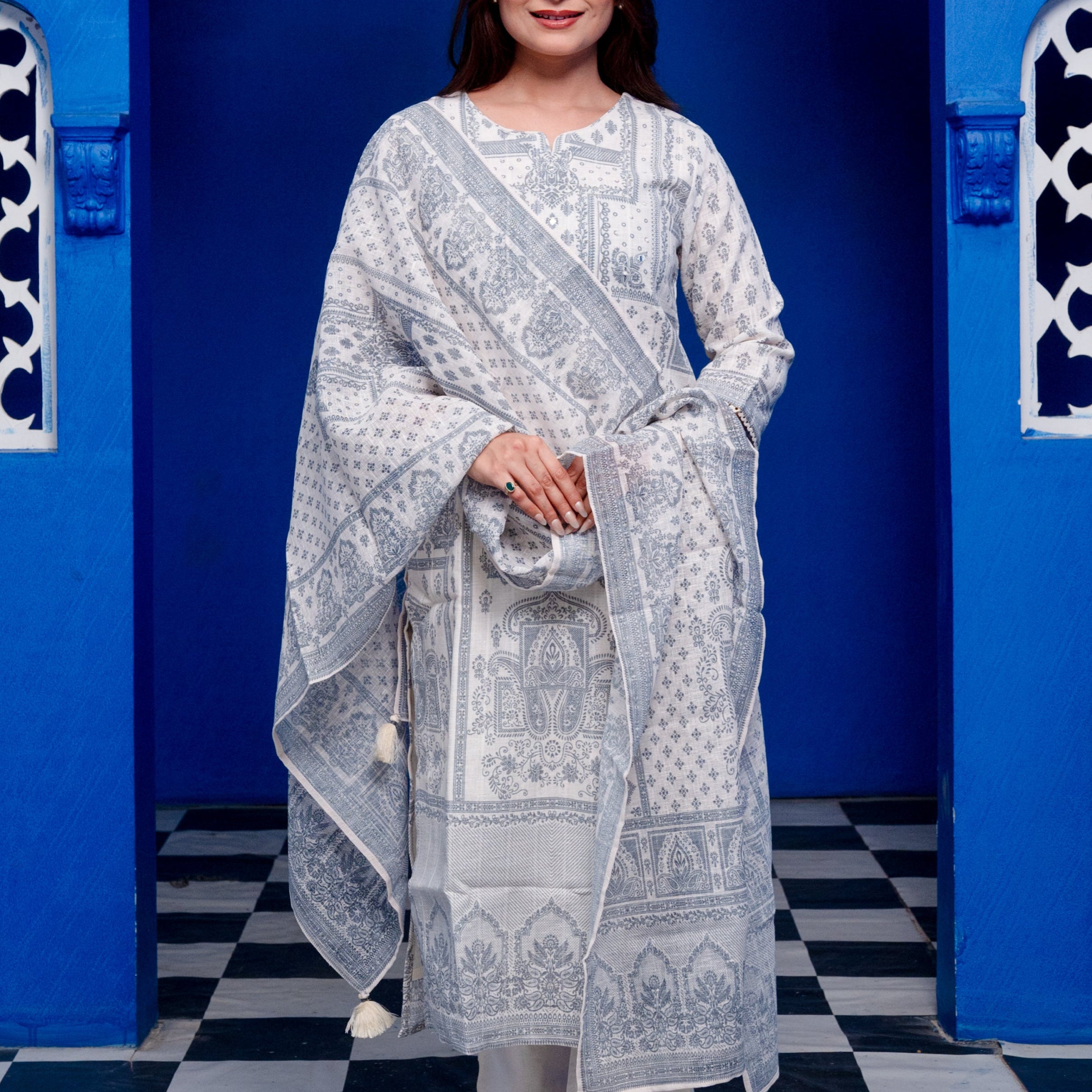 Ivory With Grey Block Print Linen Mirror Work Zari Blockprint Suit Set