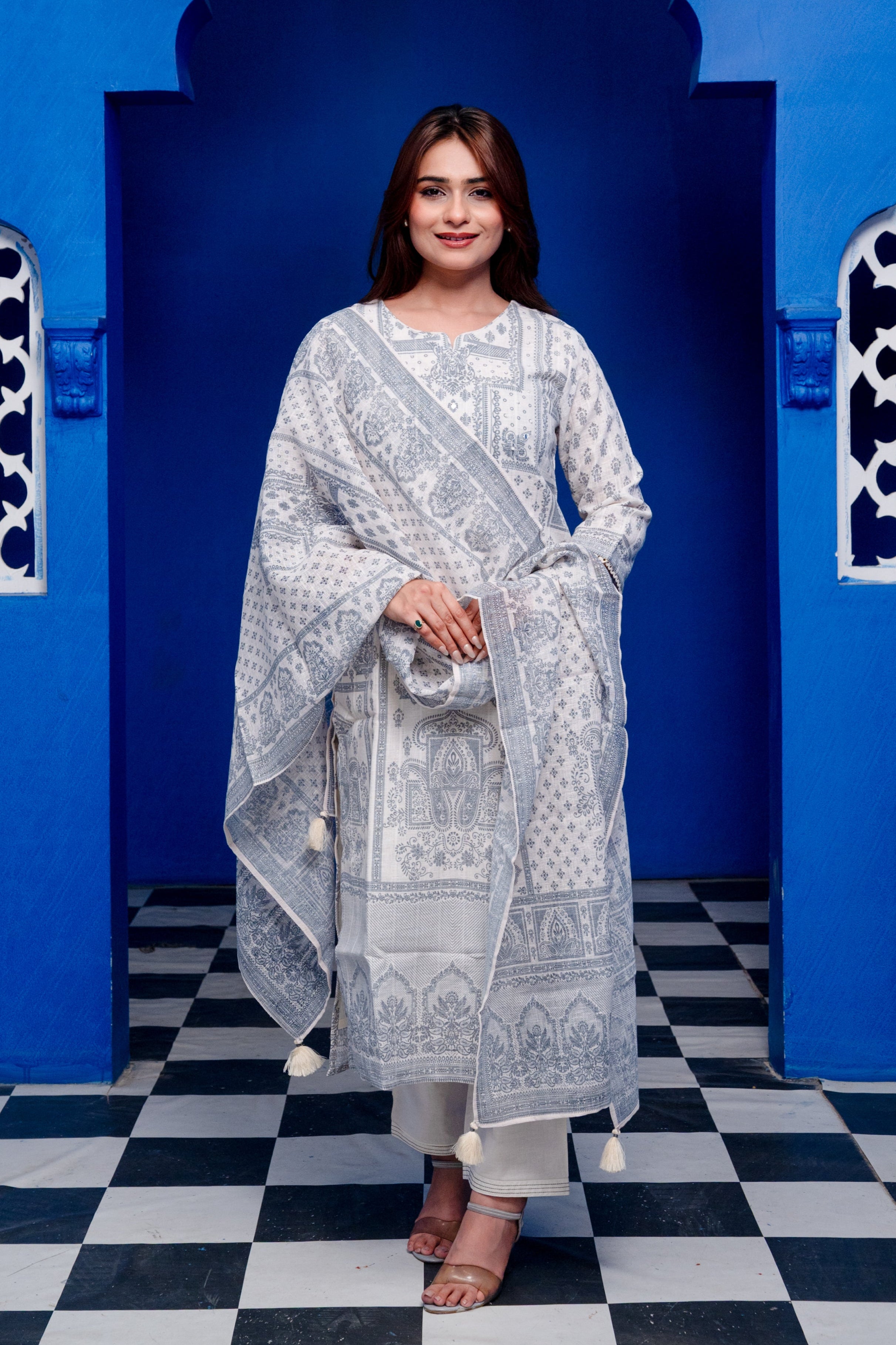 Ivory With Grey Block Print Linen Mirror Work Zari Blockprint Suit Set