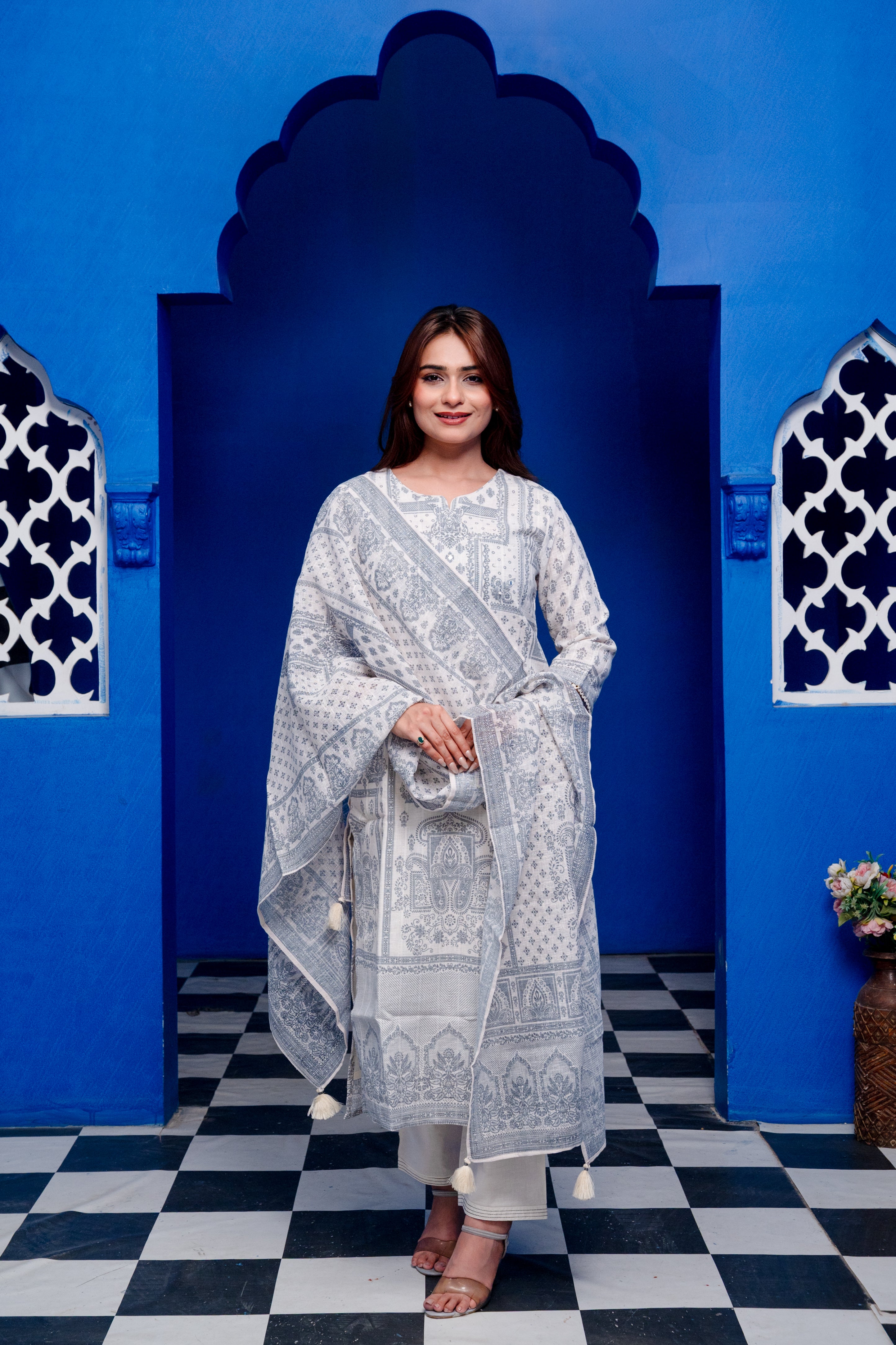 Ivory With Grey Block Print Linen Mirror Work Zari Blockprint Suit Set
