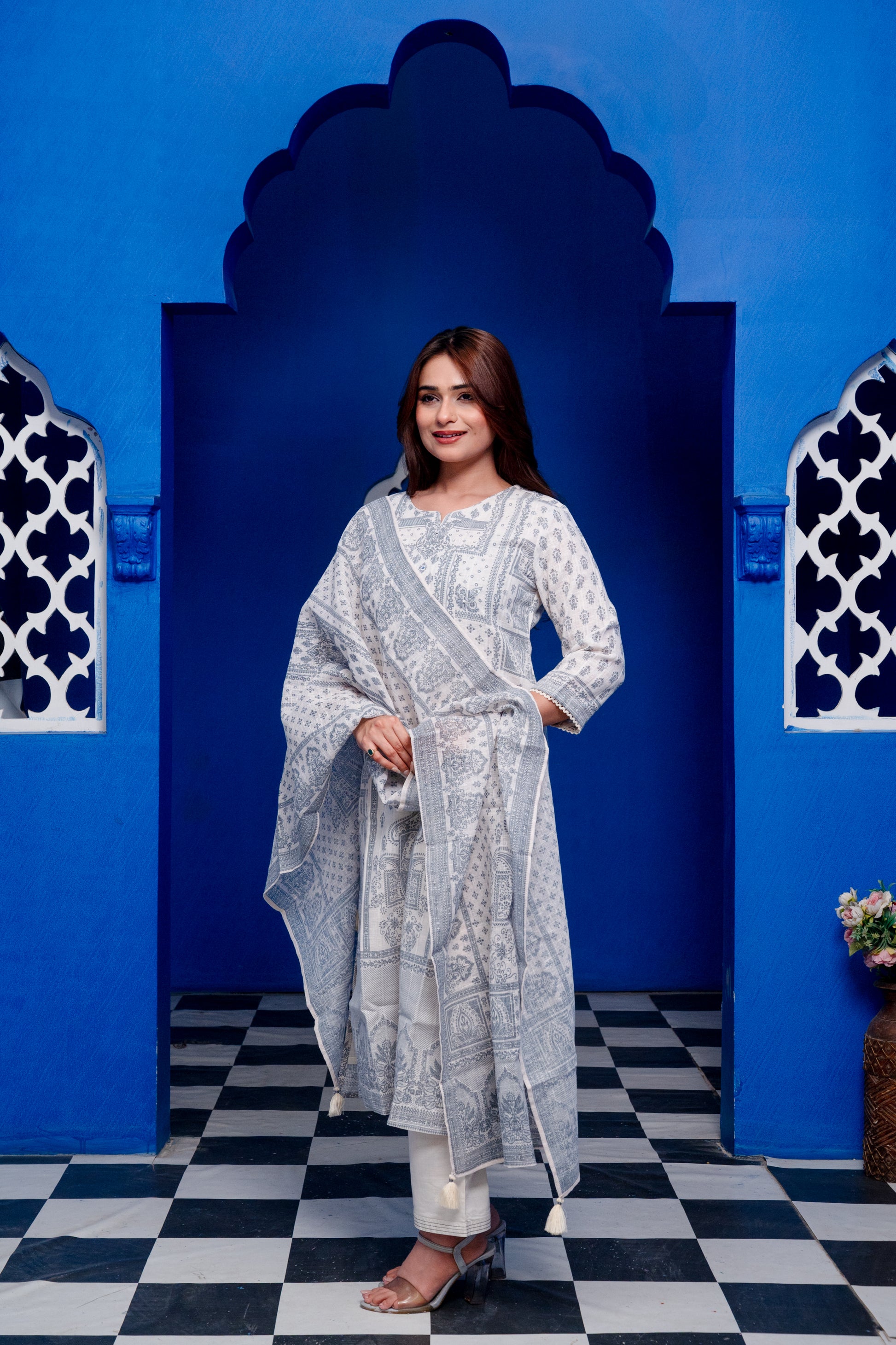 Ivory With Grey Block Print Linen Mirror Work Zari Blockprint Suit Set