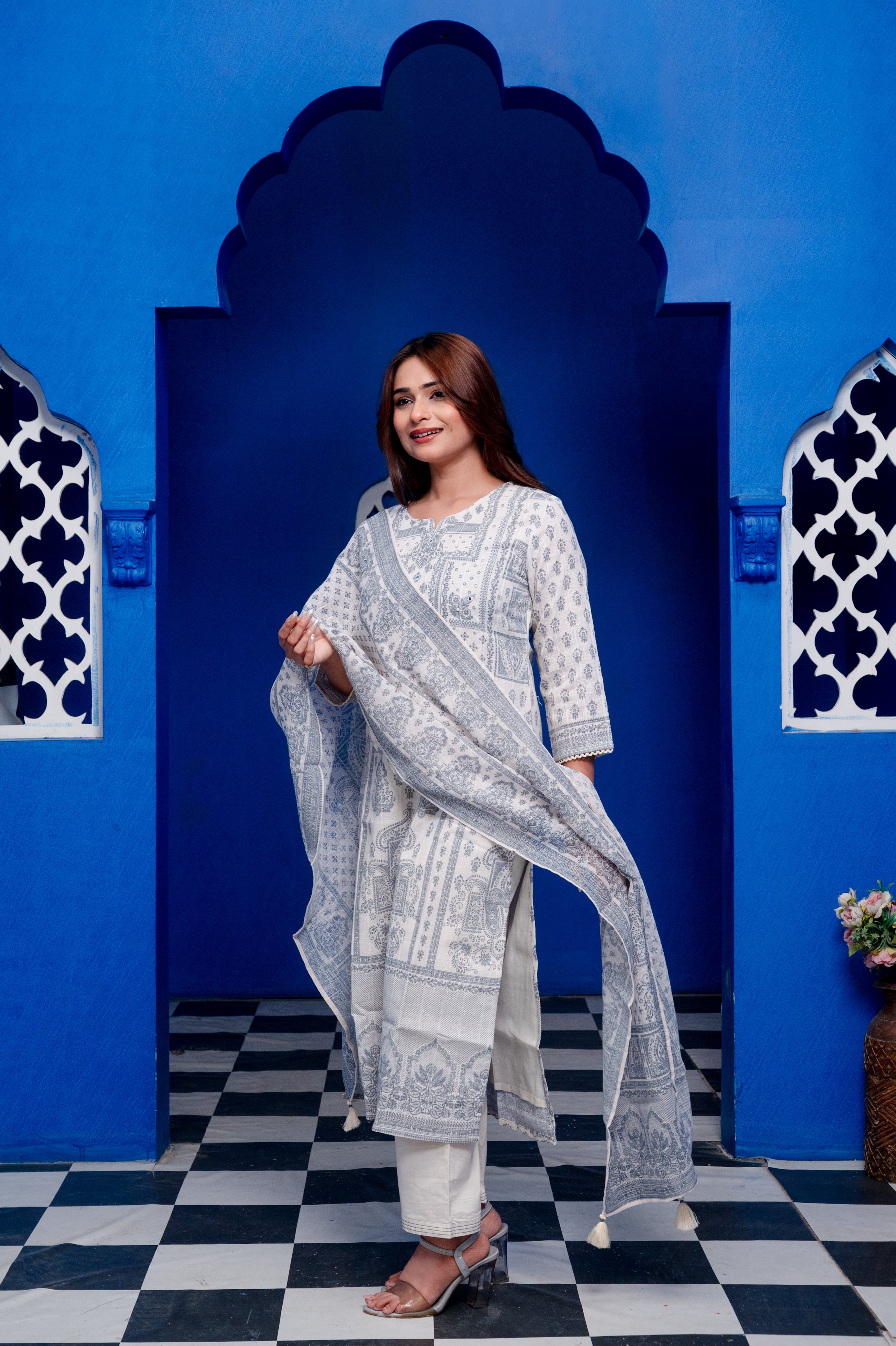 Ivory With Grey Block Print Linen Mirror Work Zari Blockprint Suit Set