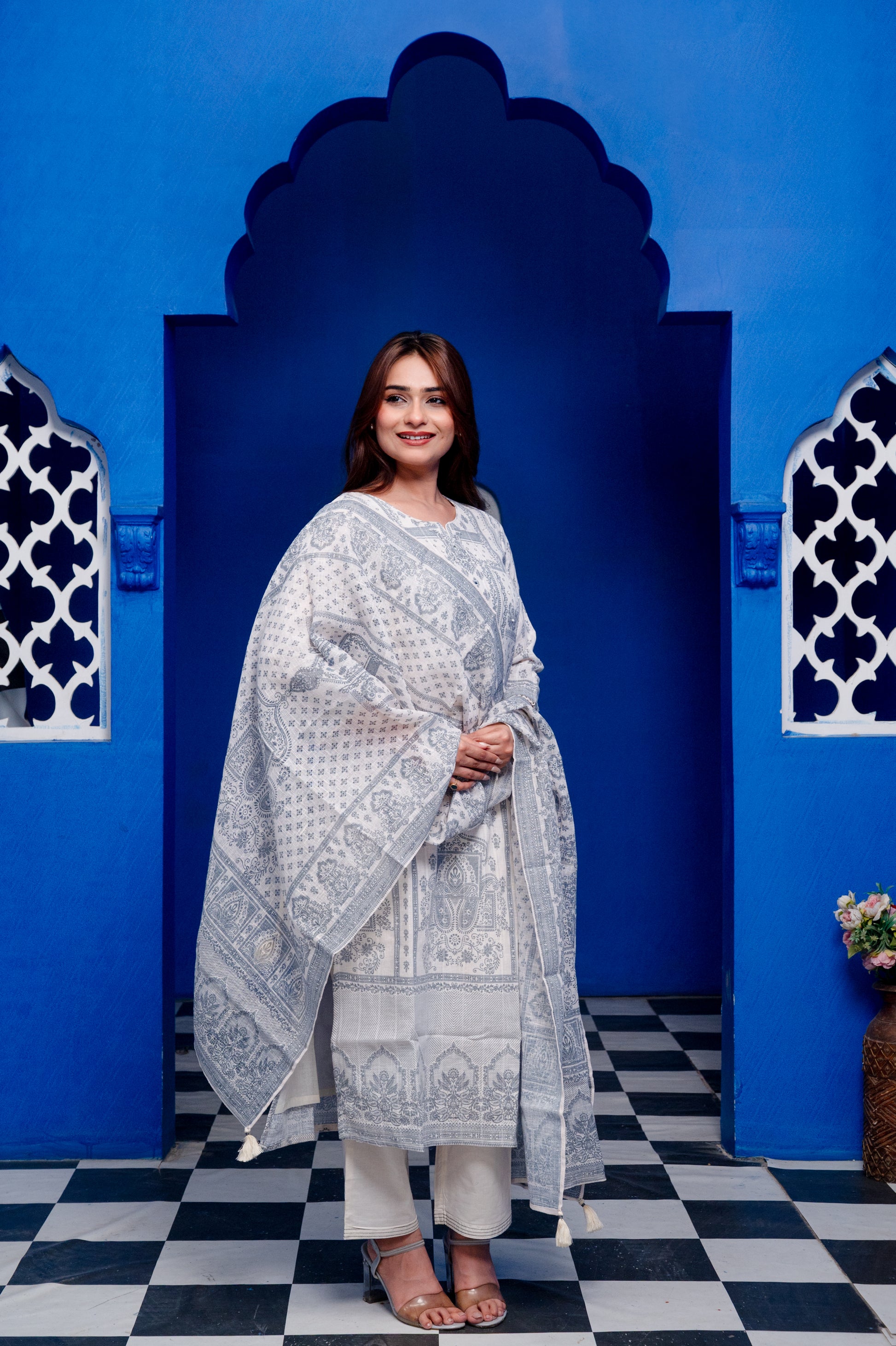 Ivory With Grey Block Print Linen Mirror Work Zari Blockprint Suit Set