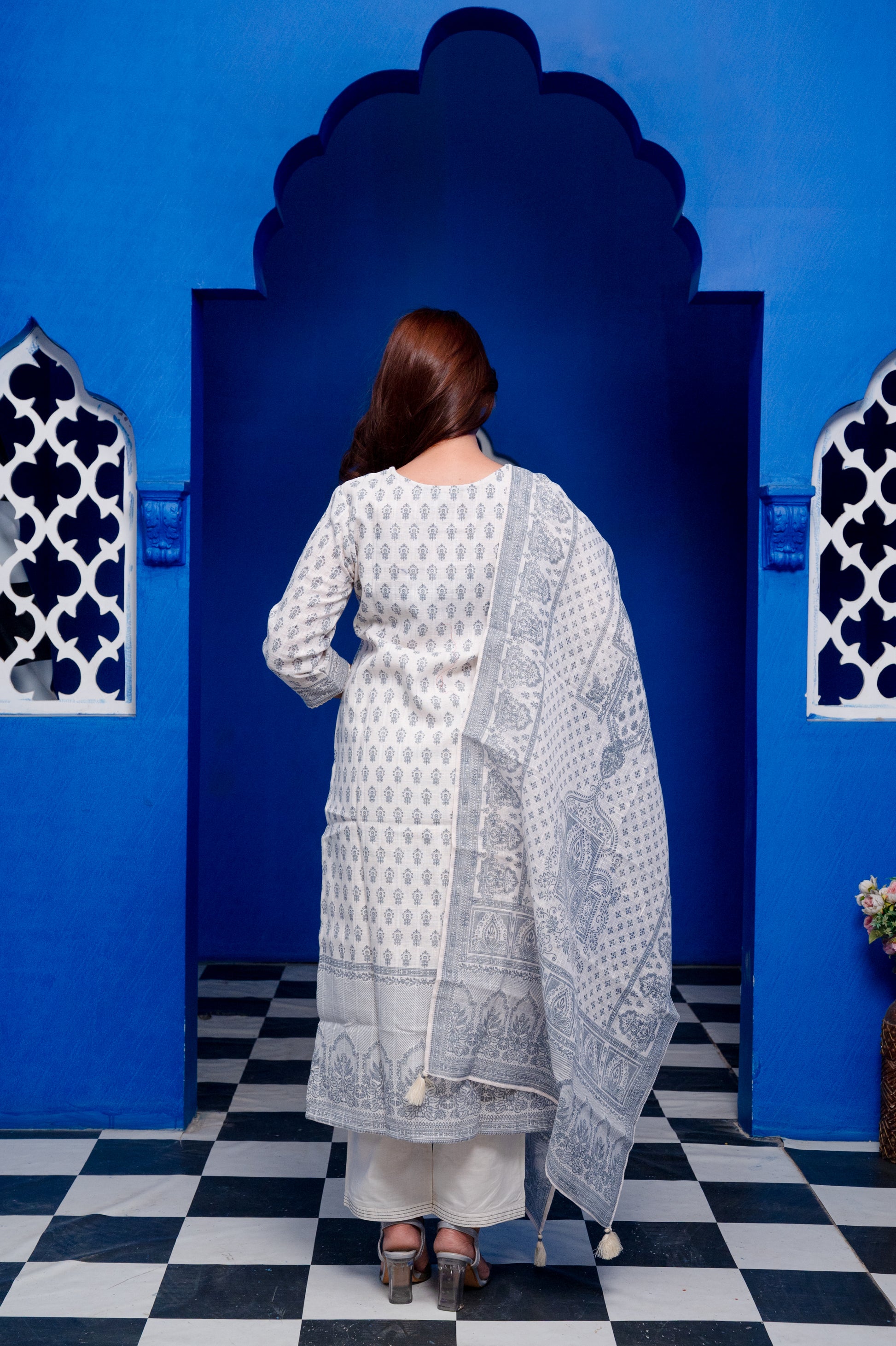 Ivory With Grey Block Print Linen Mirror Work Zari Blockprint Suit Set