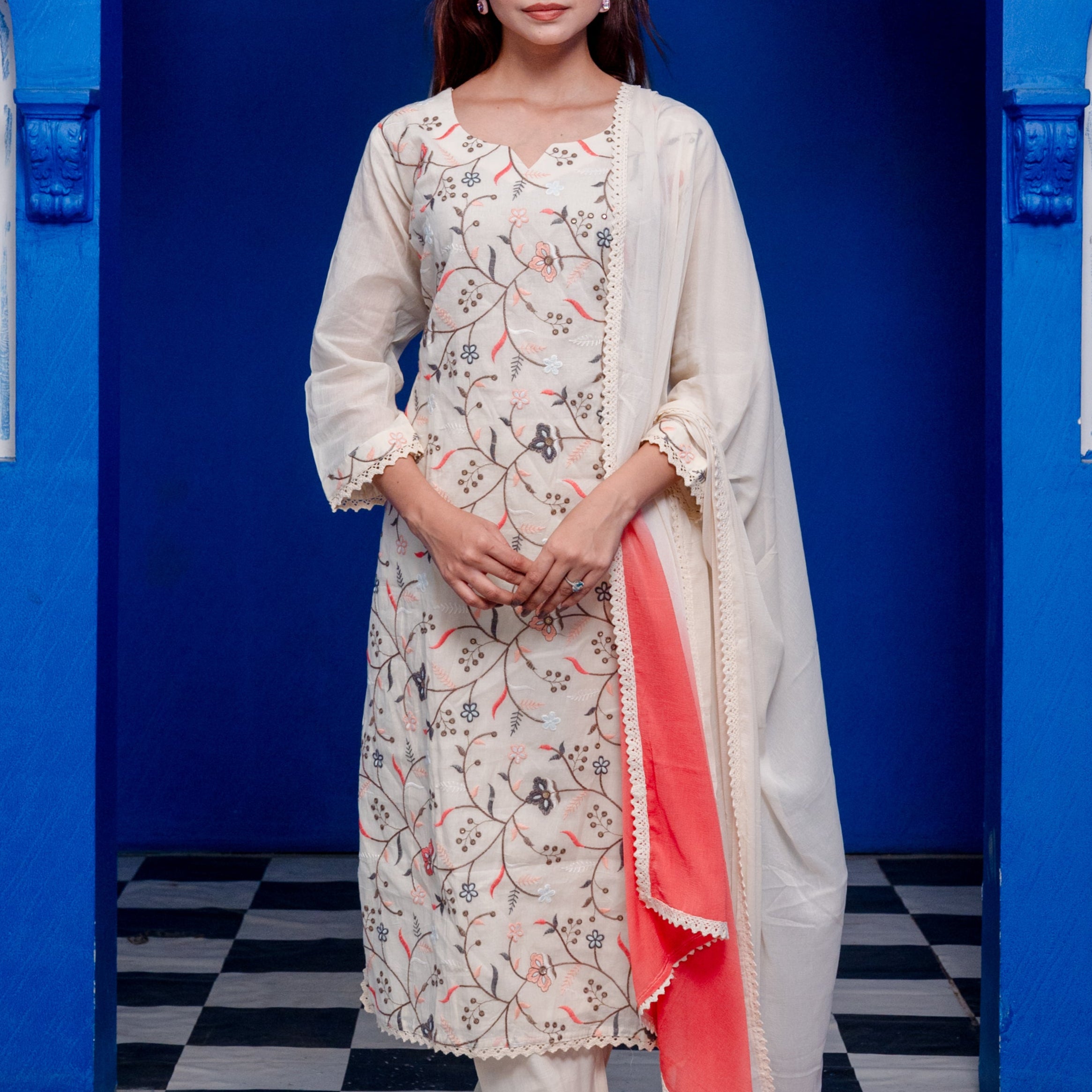 Embroidered Cream Suit Set with Coral Peach Dupatta