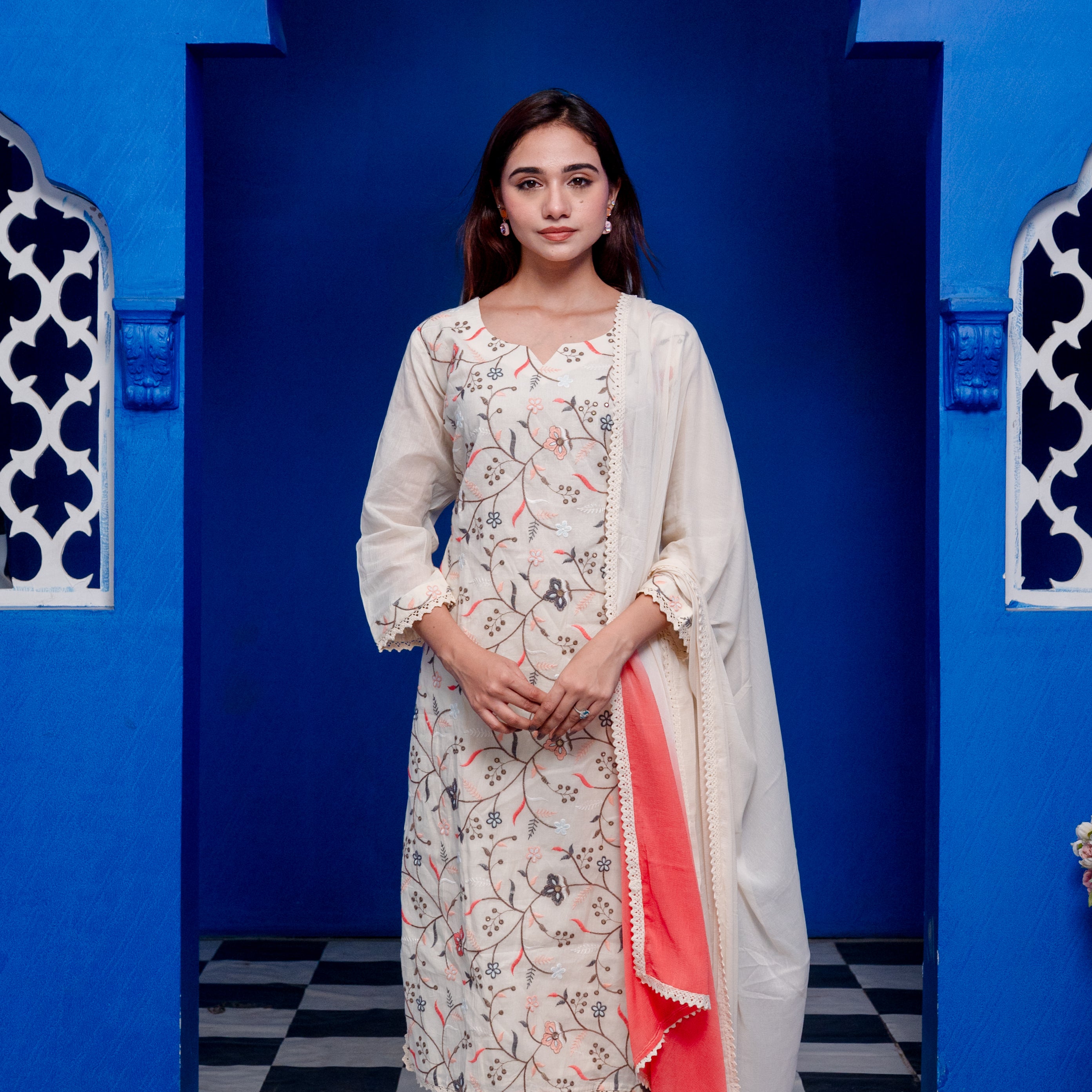 White Cotton Embroidered Suit Set