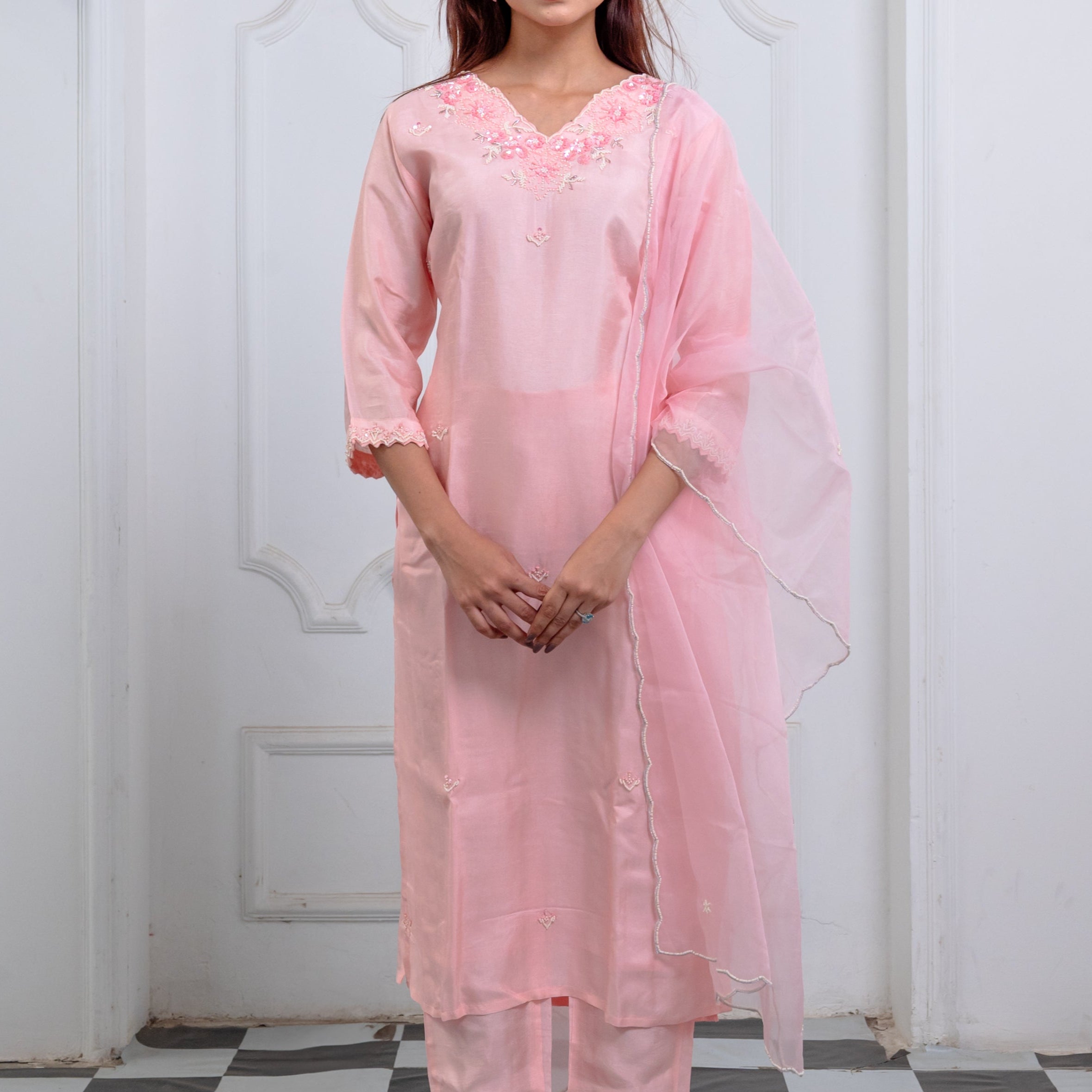 Blush Petal Pink Organza Suit Set with Hand Embroidery