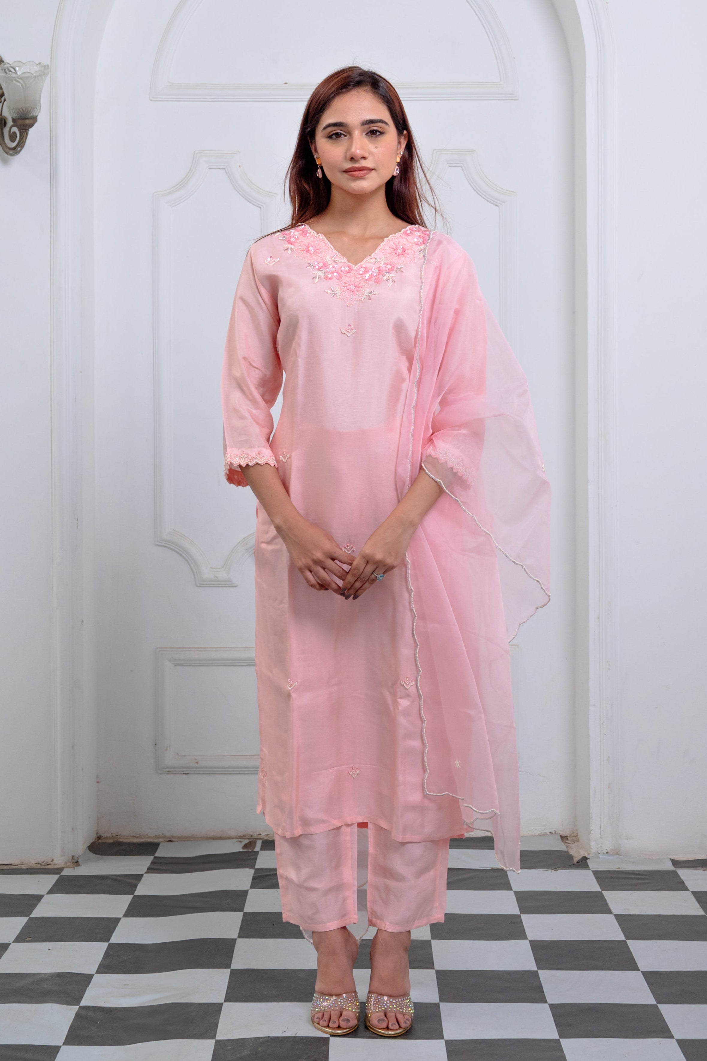 Blush Petal Pink Organza Suit Set with Hand Embroidery