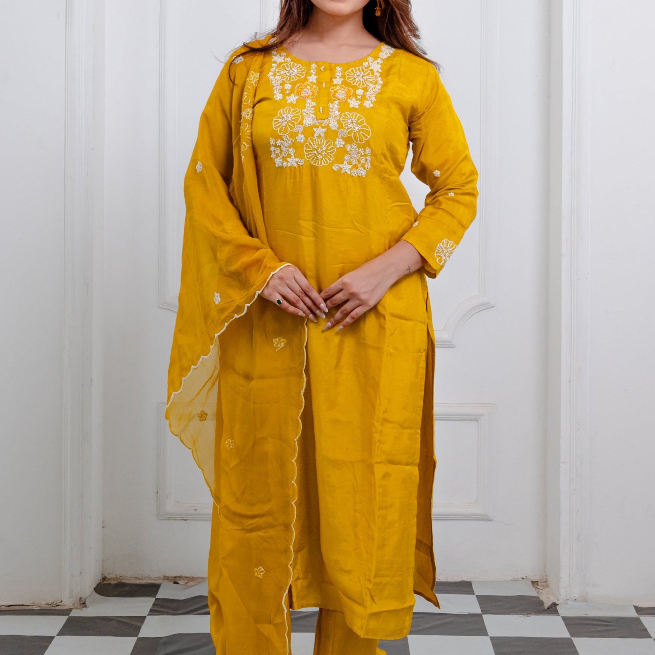 Mustard Yellow Dola Silk Suit Set with Organza Dupatta & Hand Embroidery