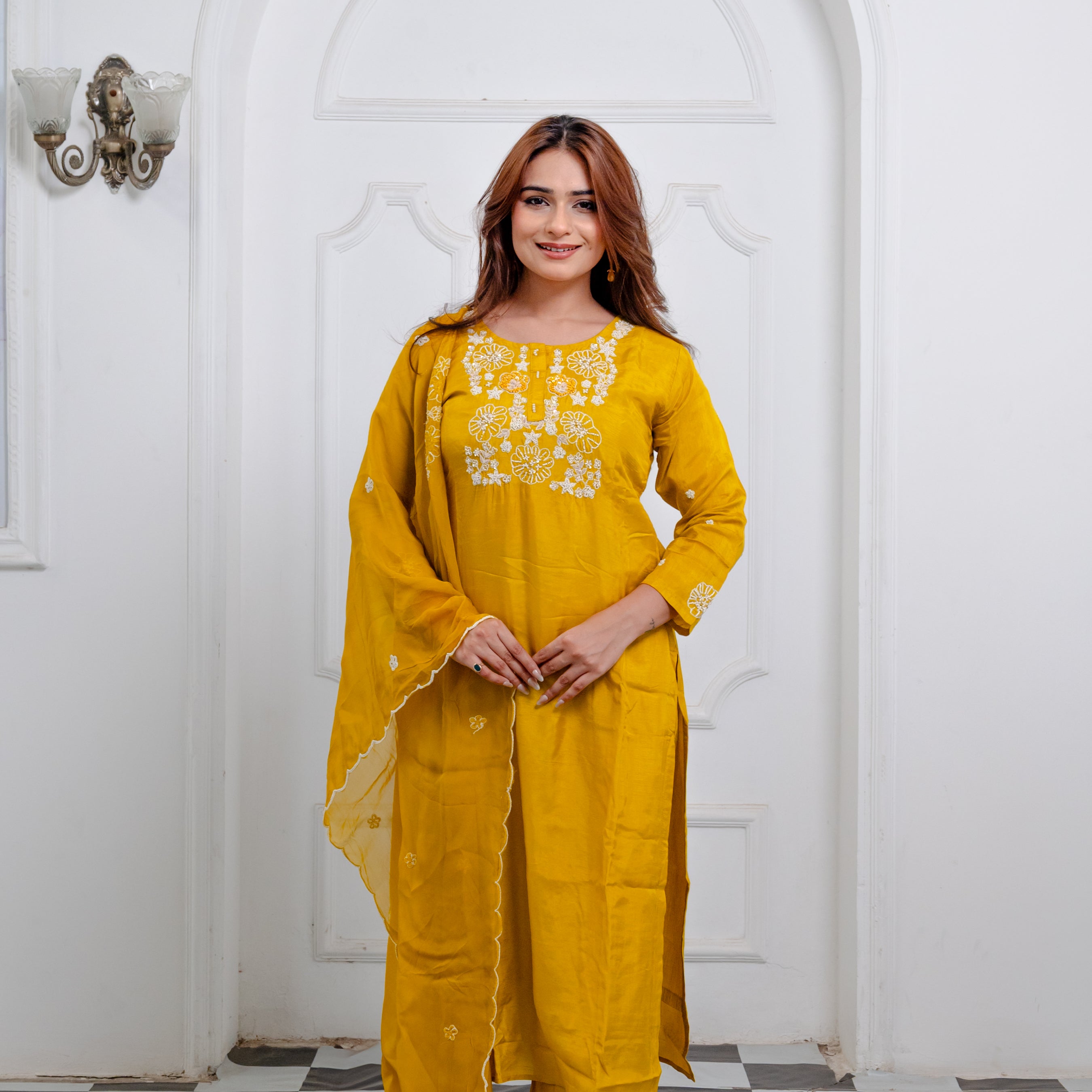 Bright Yellow Organza Embroidered Suit Set