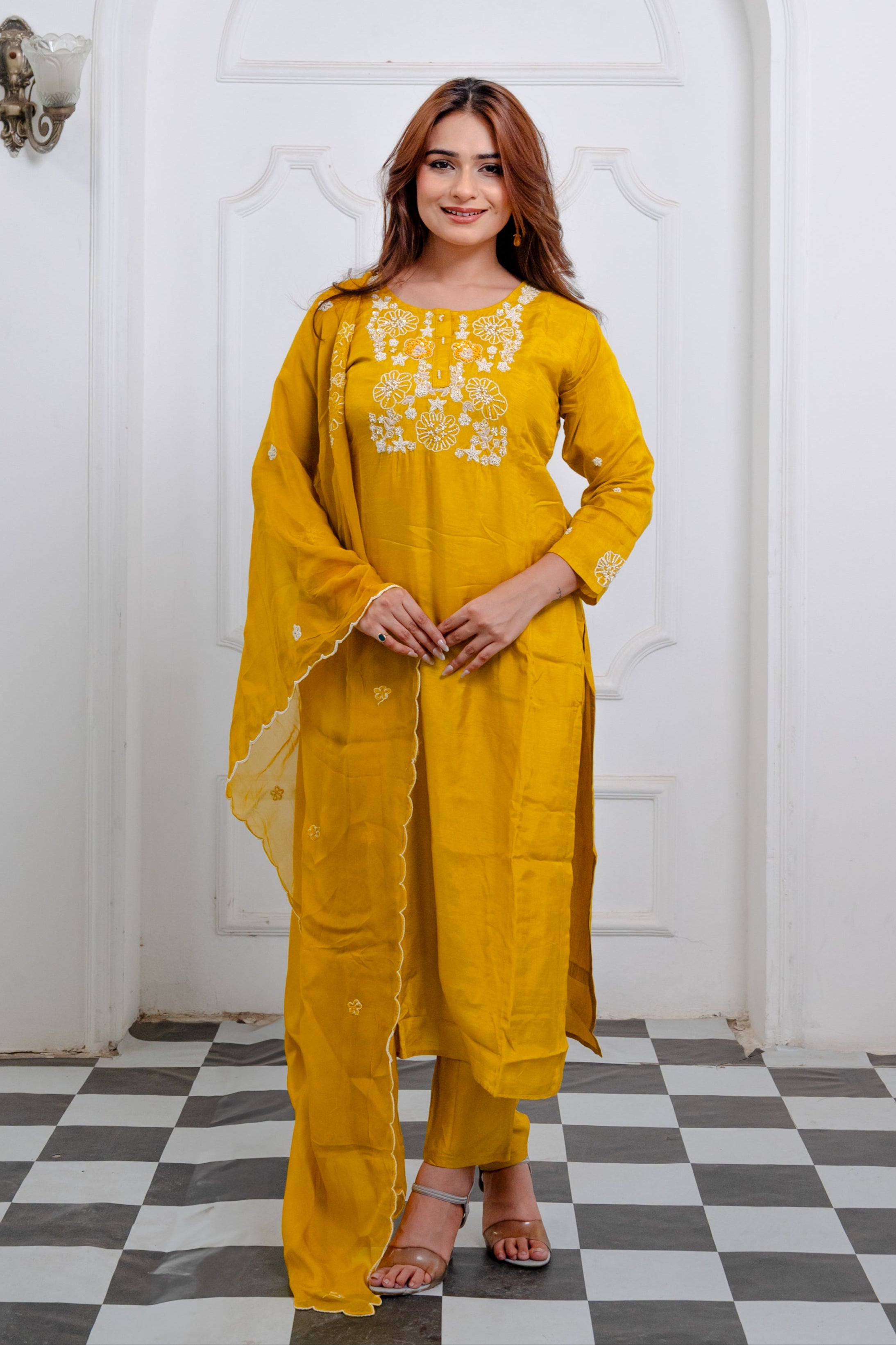 Bright Yellow Organza Embroidered Suit Set