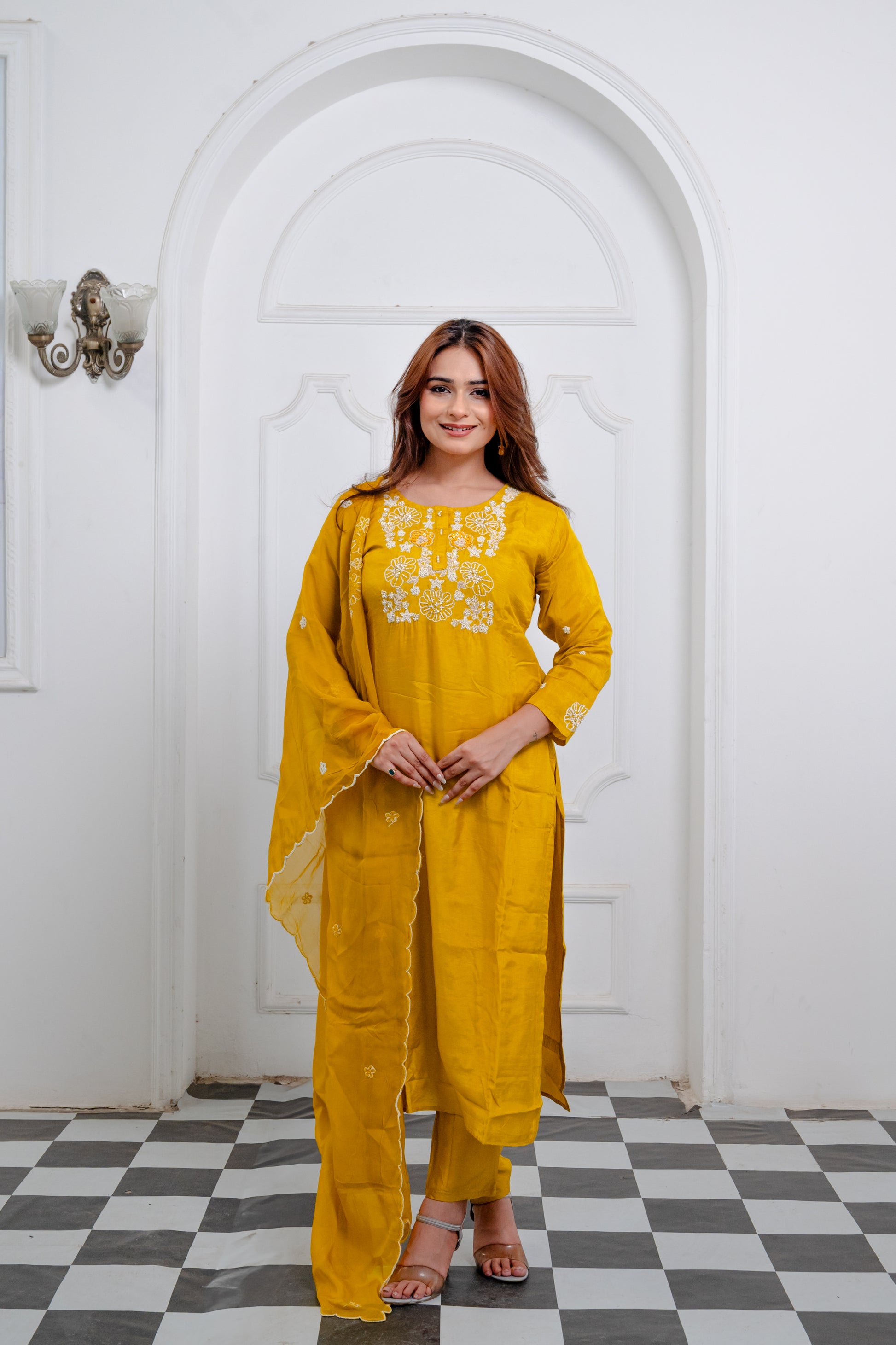 Bright Yellow Organza Embroidered Suit Set