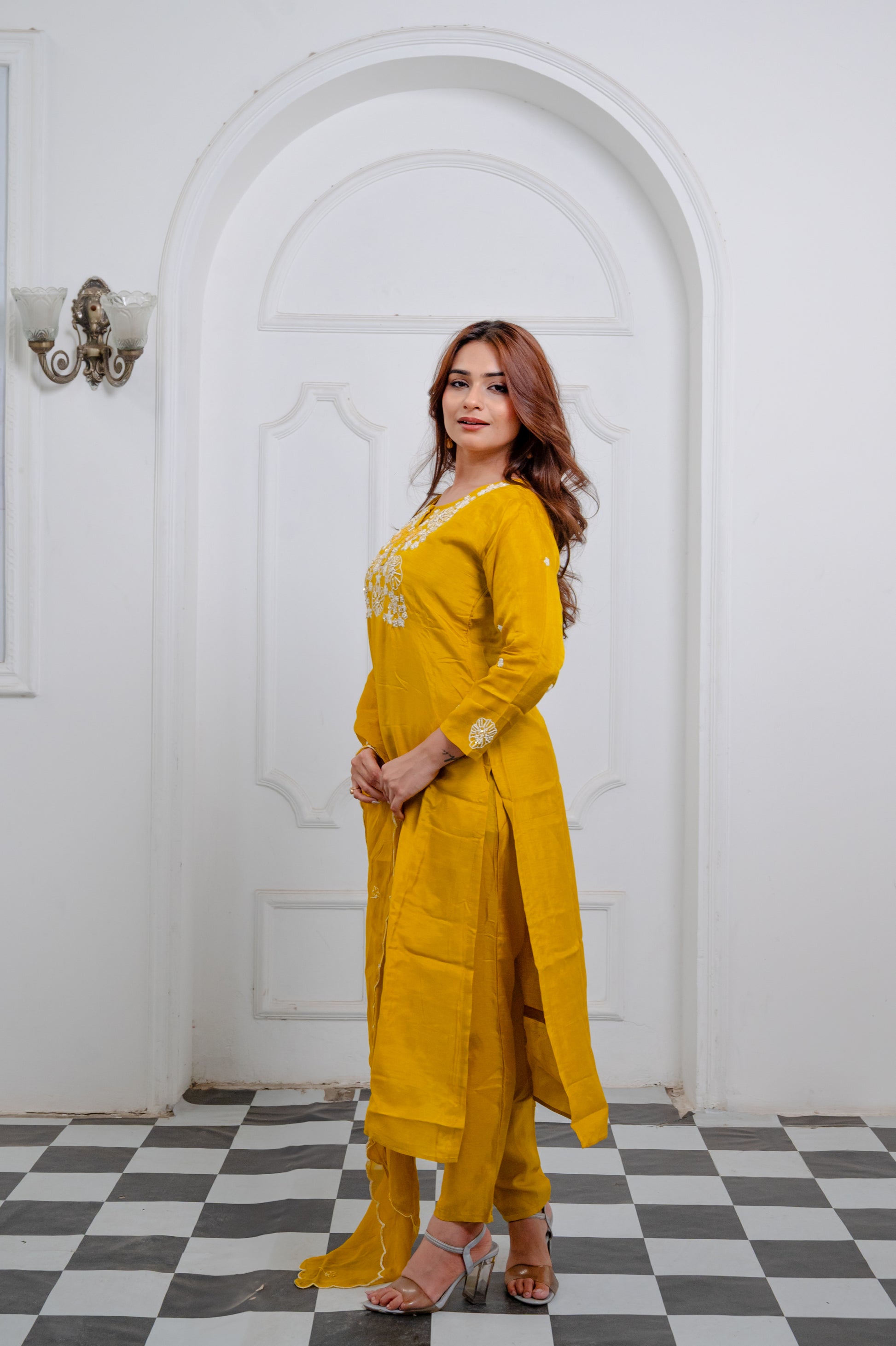 Bright Yellow Organza Embroidered Suit Set