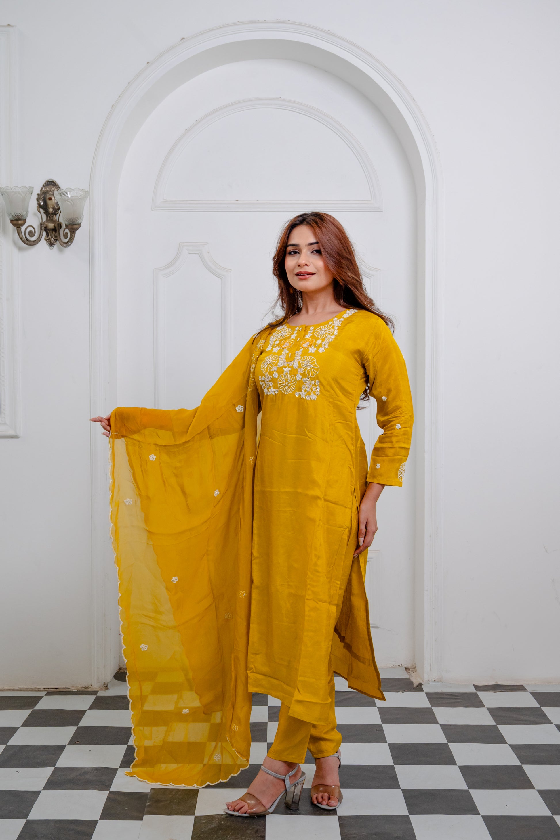 Bright Yellow Organza Embroidered Suit Set