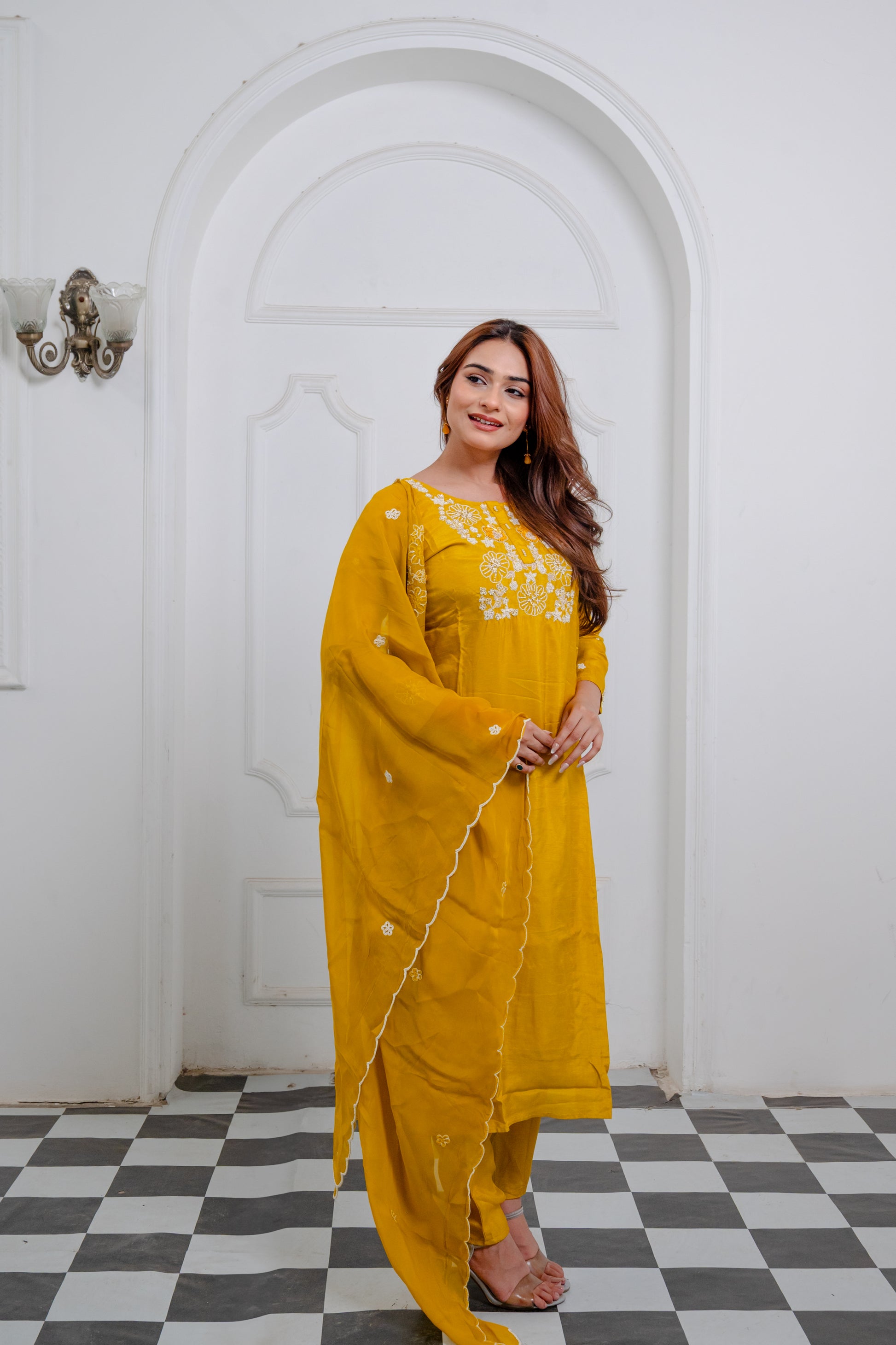 Bright Yellow Organza Embroidered Suit Set