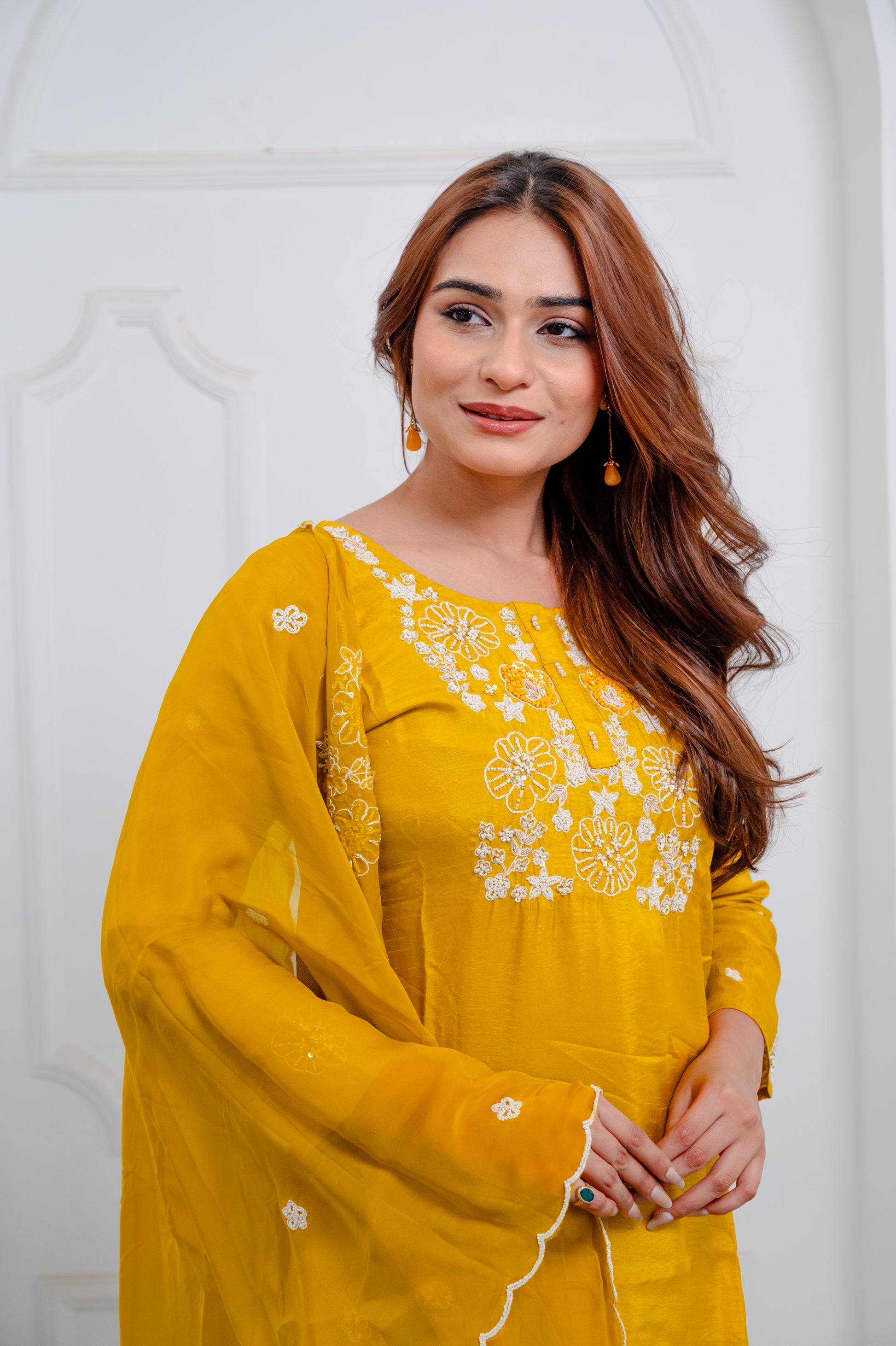 Bright Yellow Organza Embroidered Suit Set