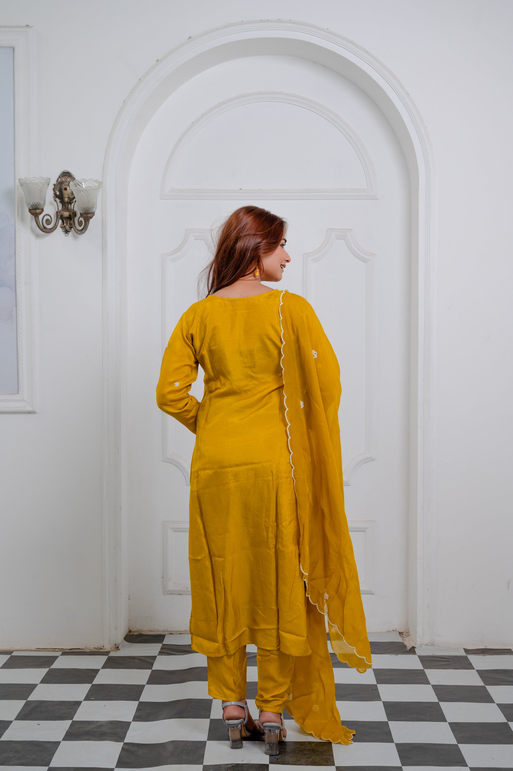 Bright Yellow Organza Embroidered Suit Set