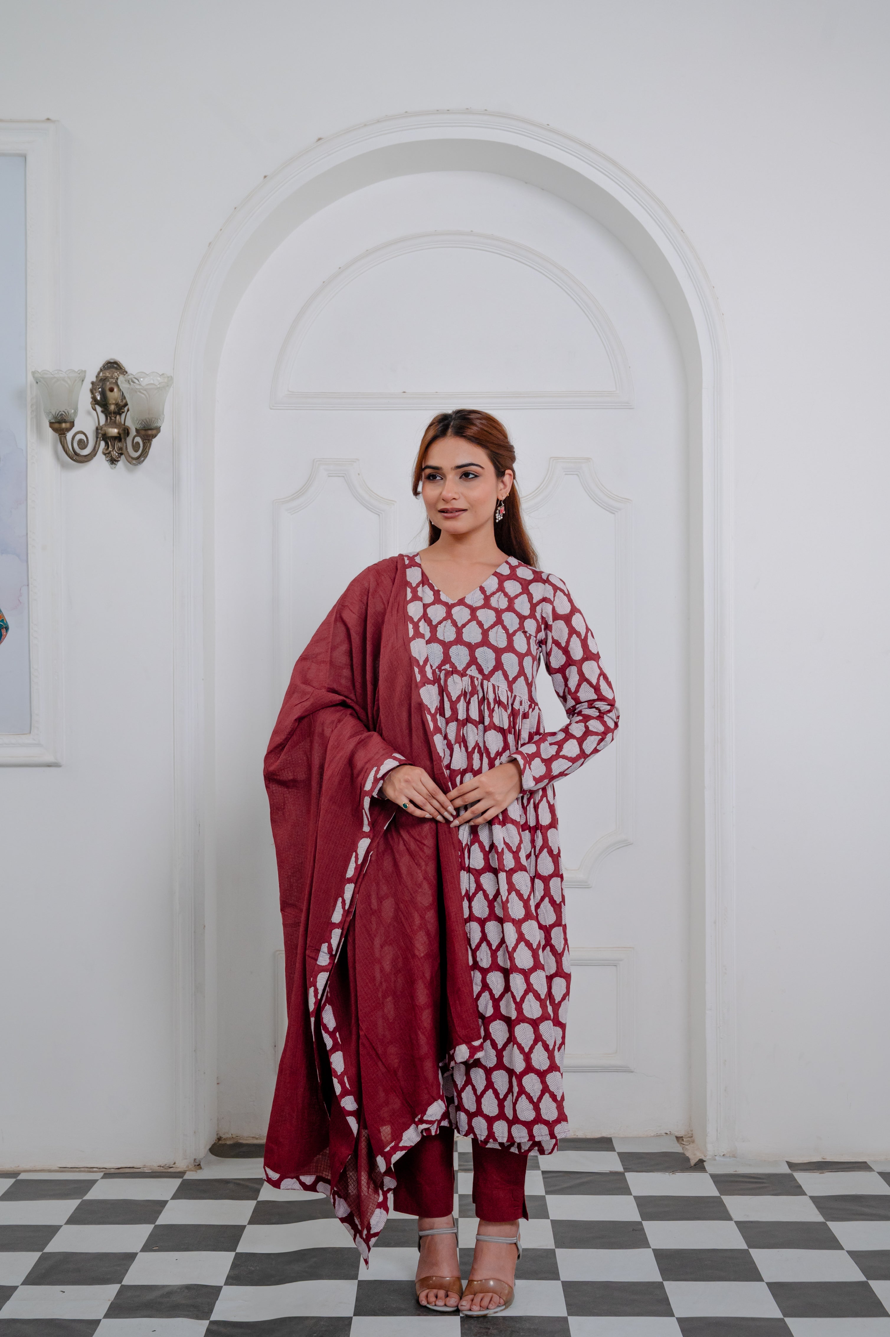 Maroon Cotton Anarkali Suit Set