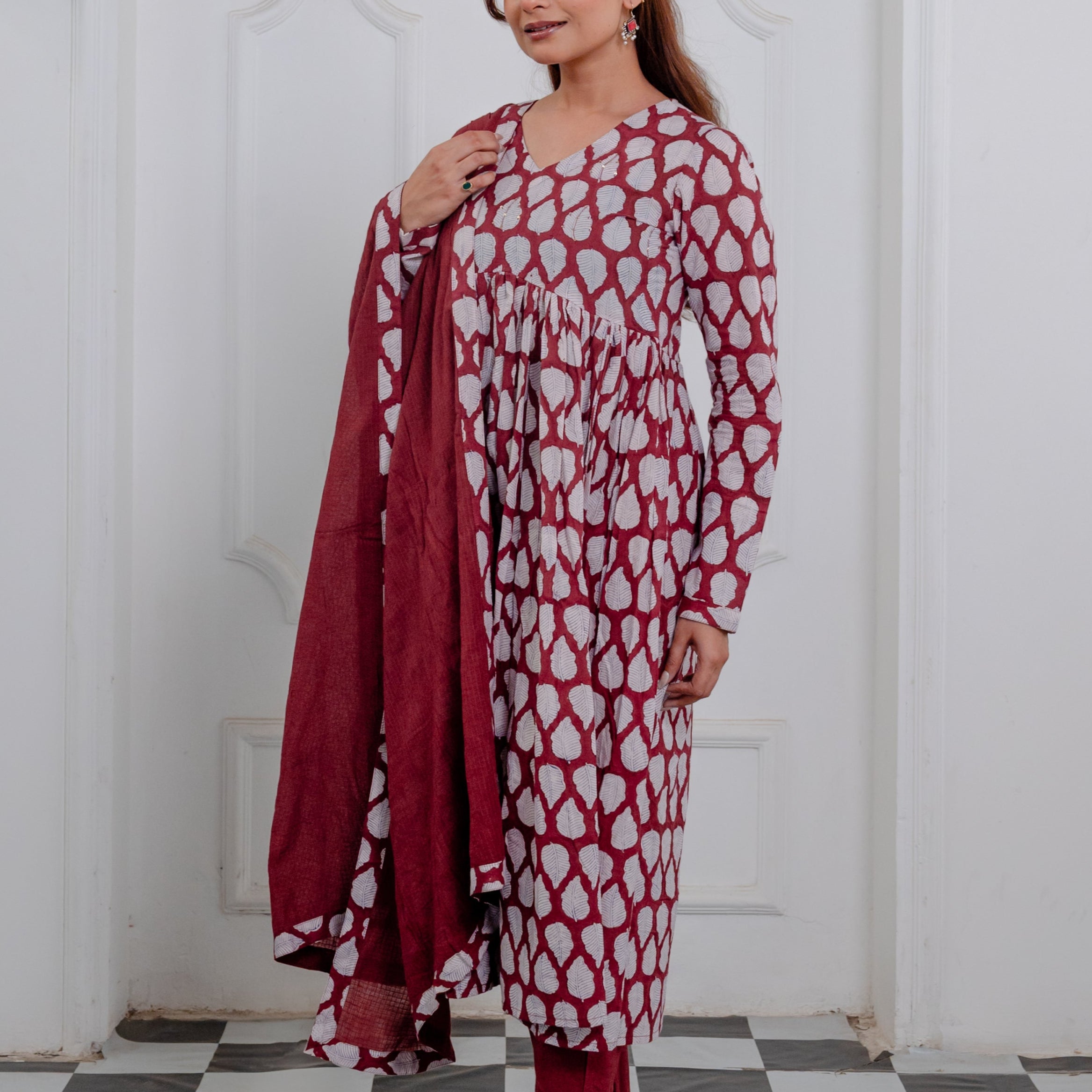 Ruby Maroon Hand-block Cotton Anarkali Suit Set with Sequin Accents