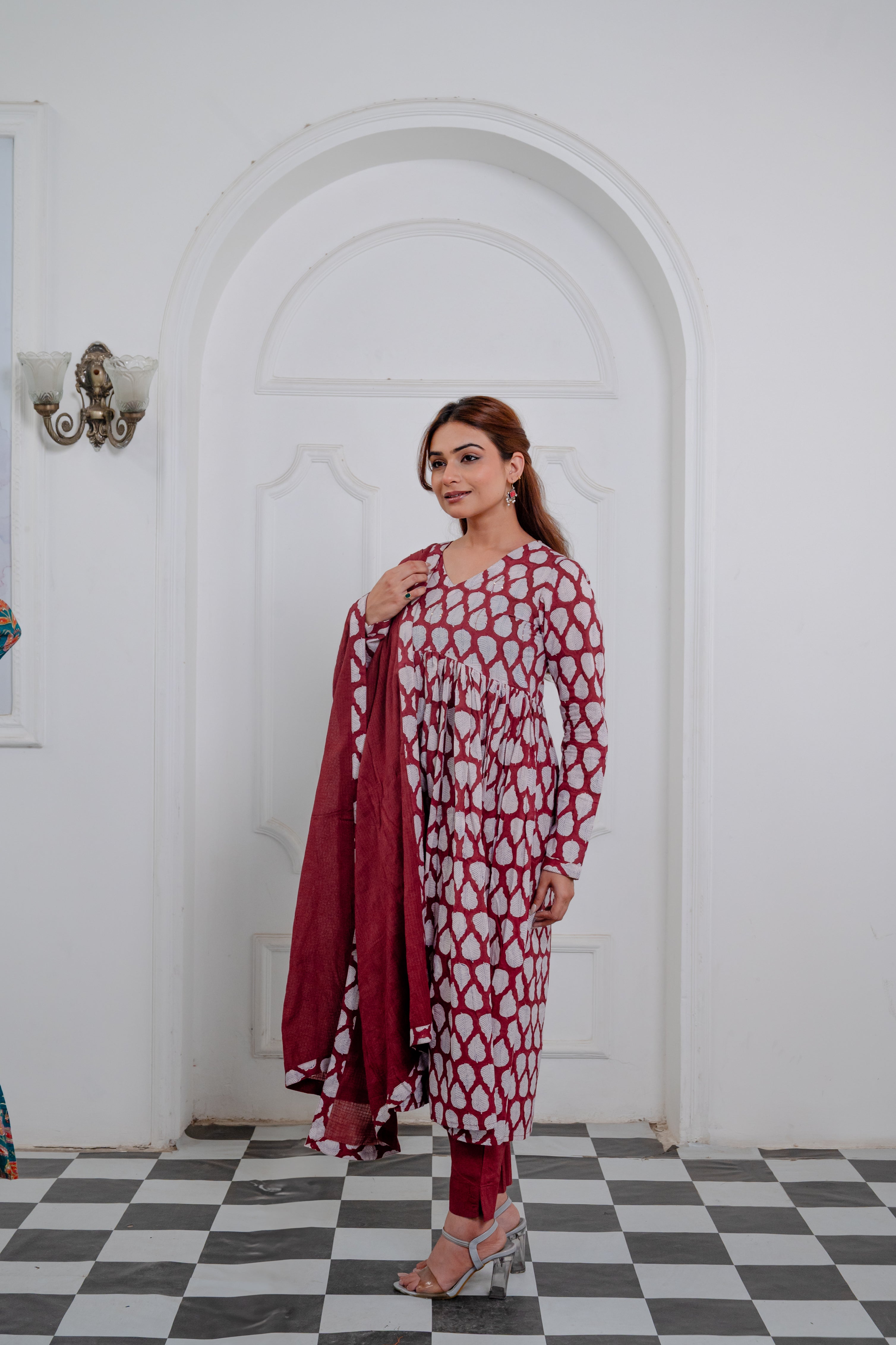 Maroon Cotton Anarkali Suit Set