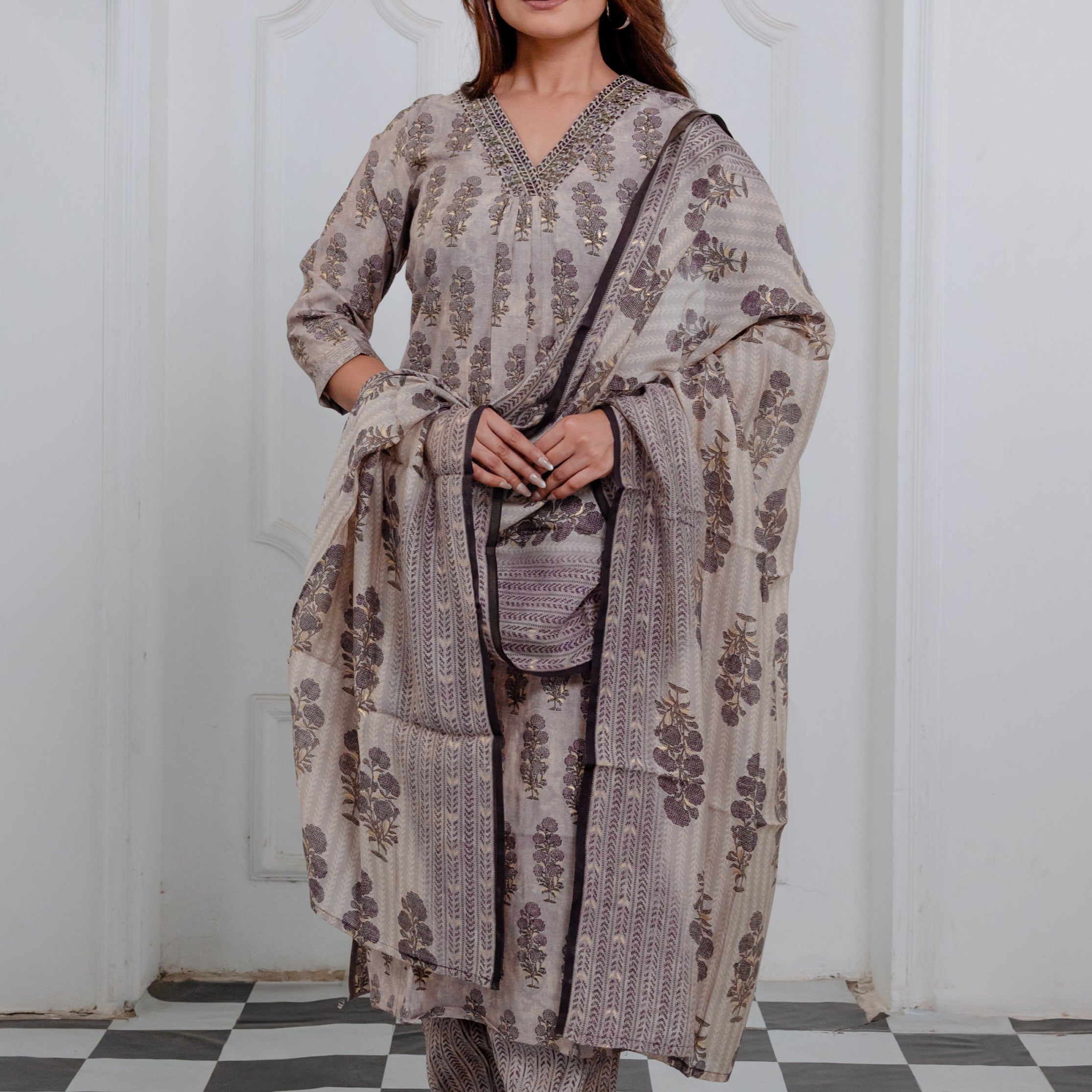 Taupe Light Brown Muslin Suit Set with Ethnic Hand block Print