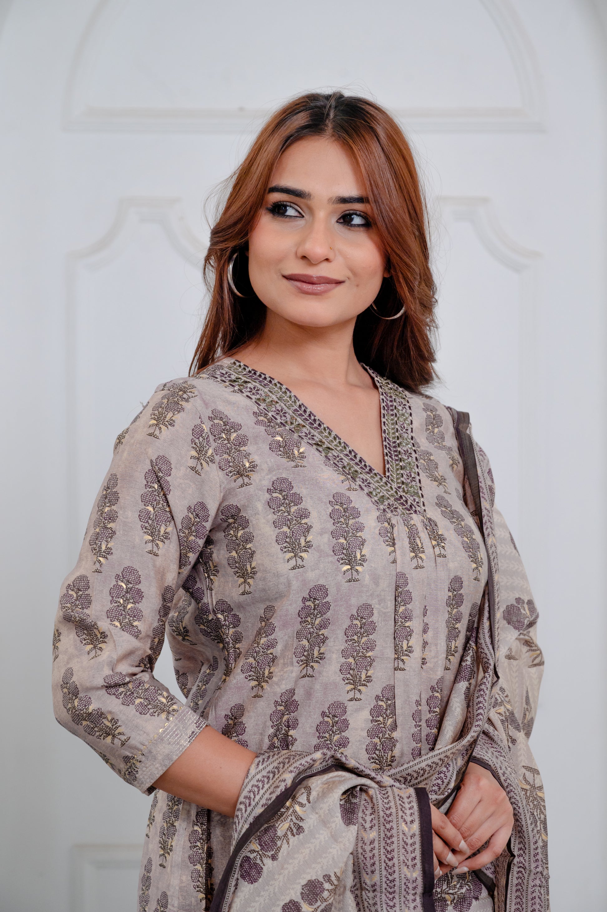 Taupe Light Brown Muslin Suit Set with Ethnic Hand block Print