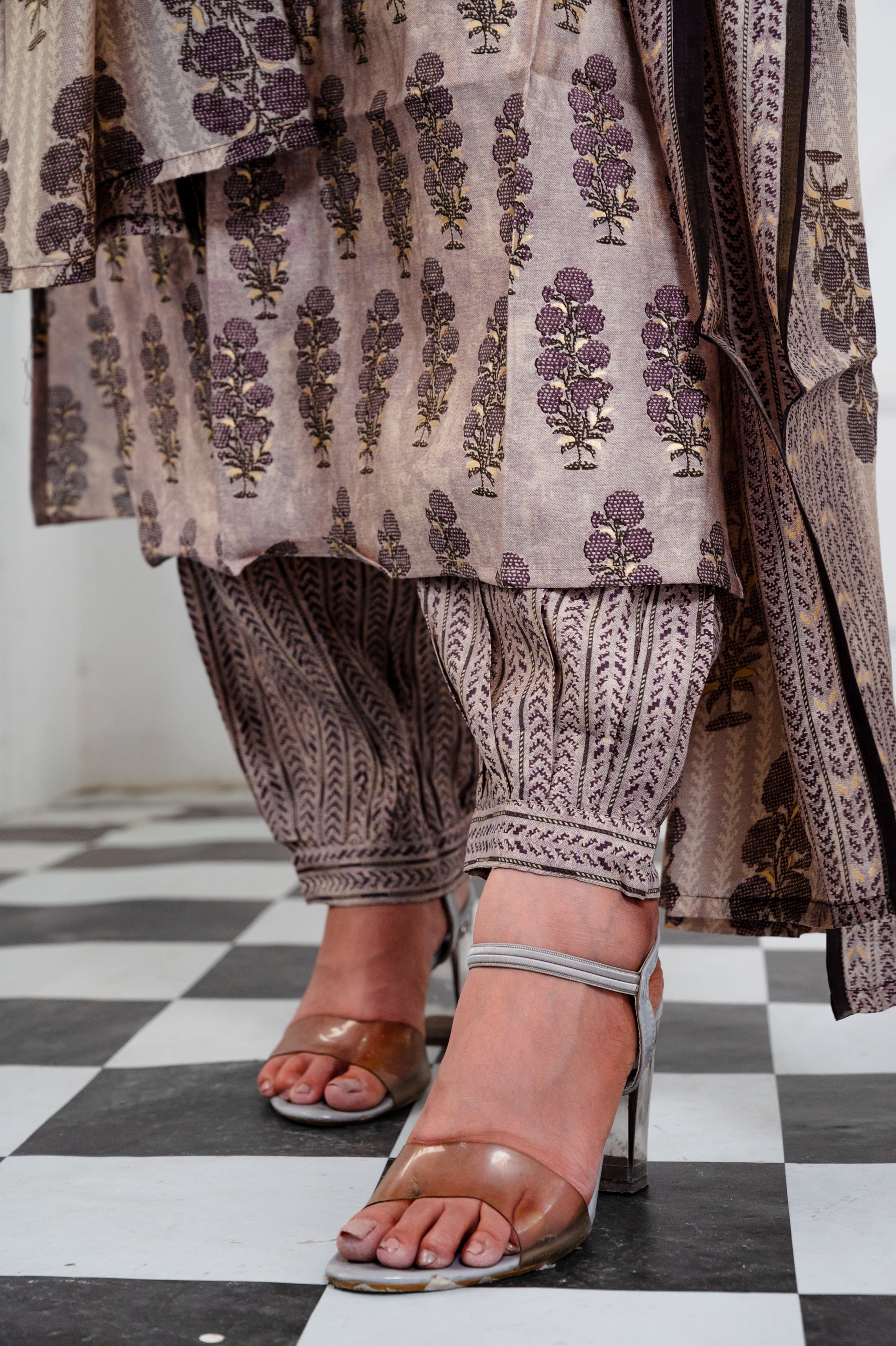 Taupe Light Brown Muslin Suit Set with Ethnic Hand block Print